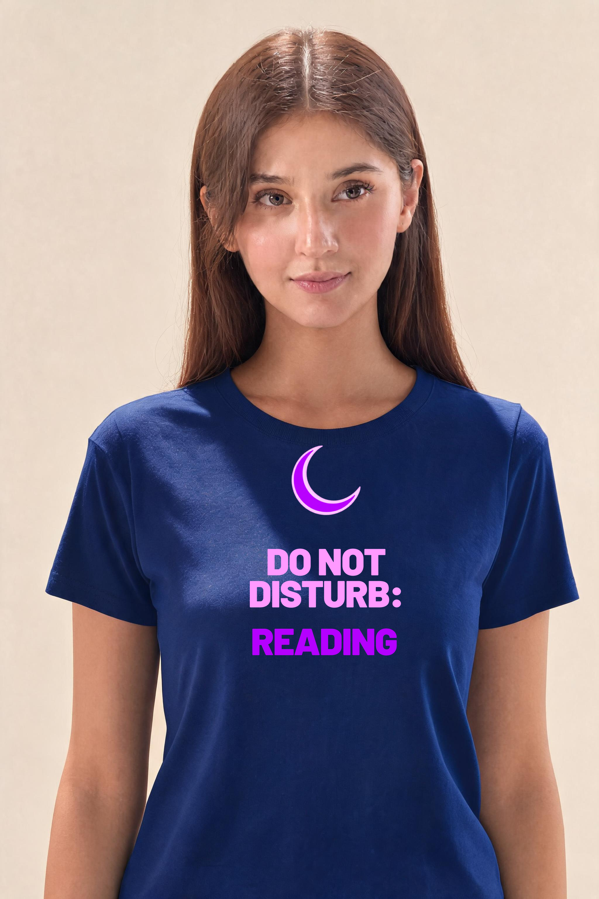 Dynamic Geometric Design With Book Icon Premium Tee — Female Model (Navy Blue)