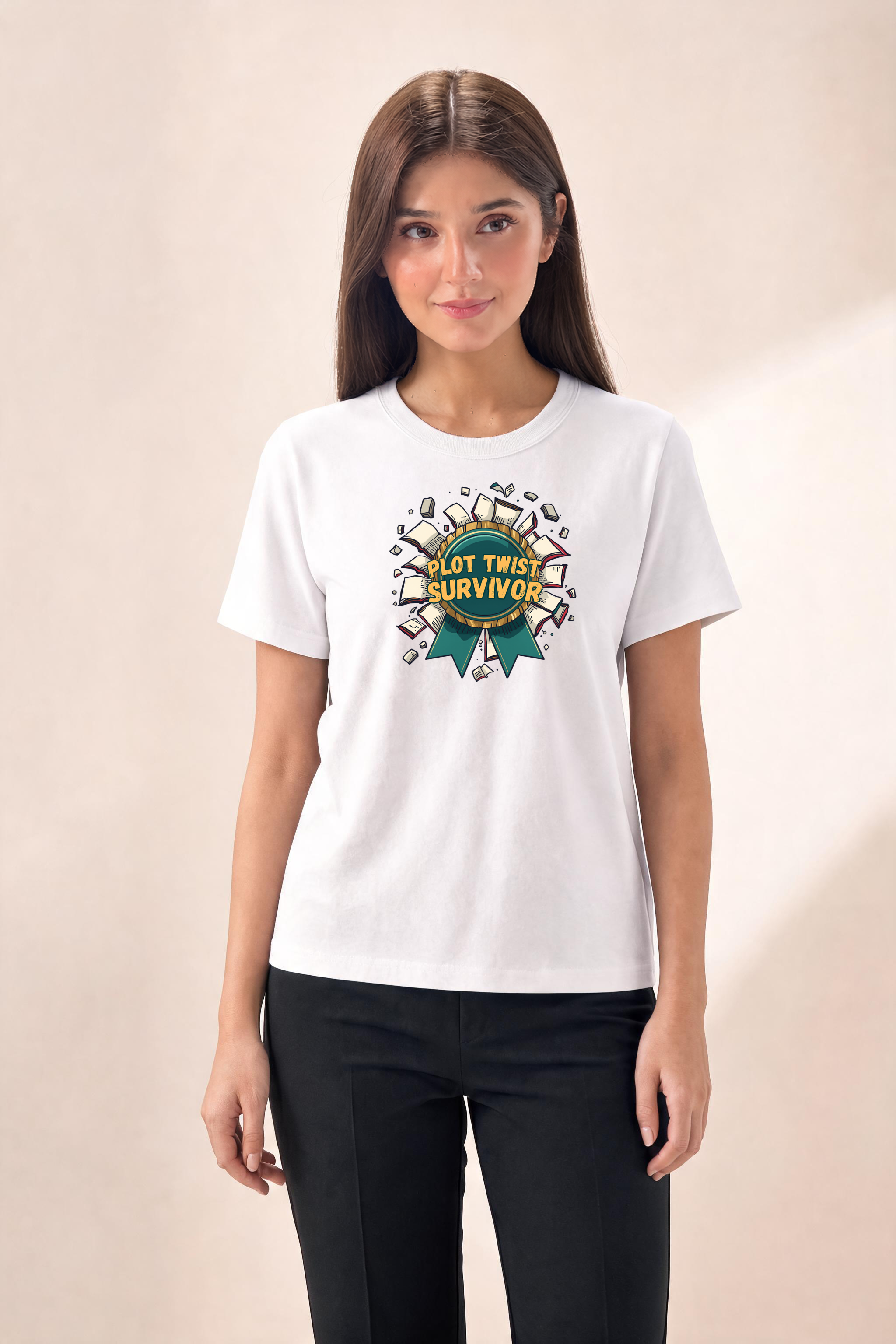 Dynamic Plot Twist Survivor Medal T Shirt Premium Tee — Female Model (White)