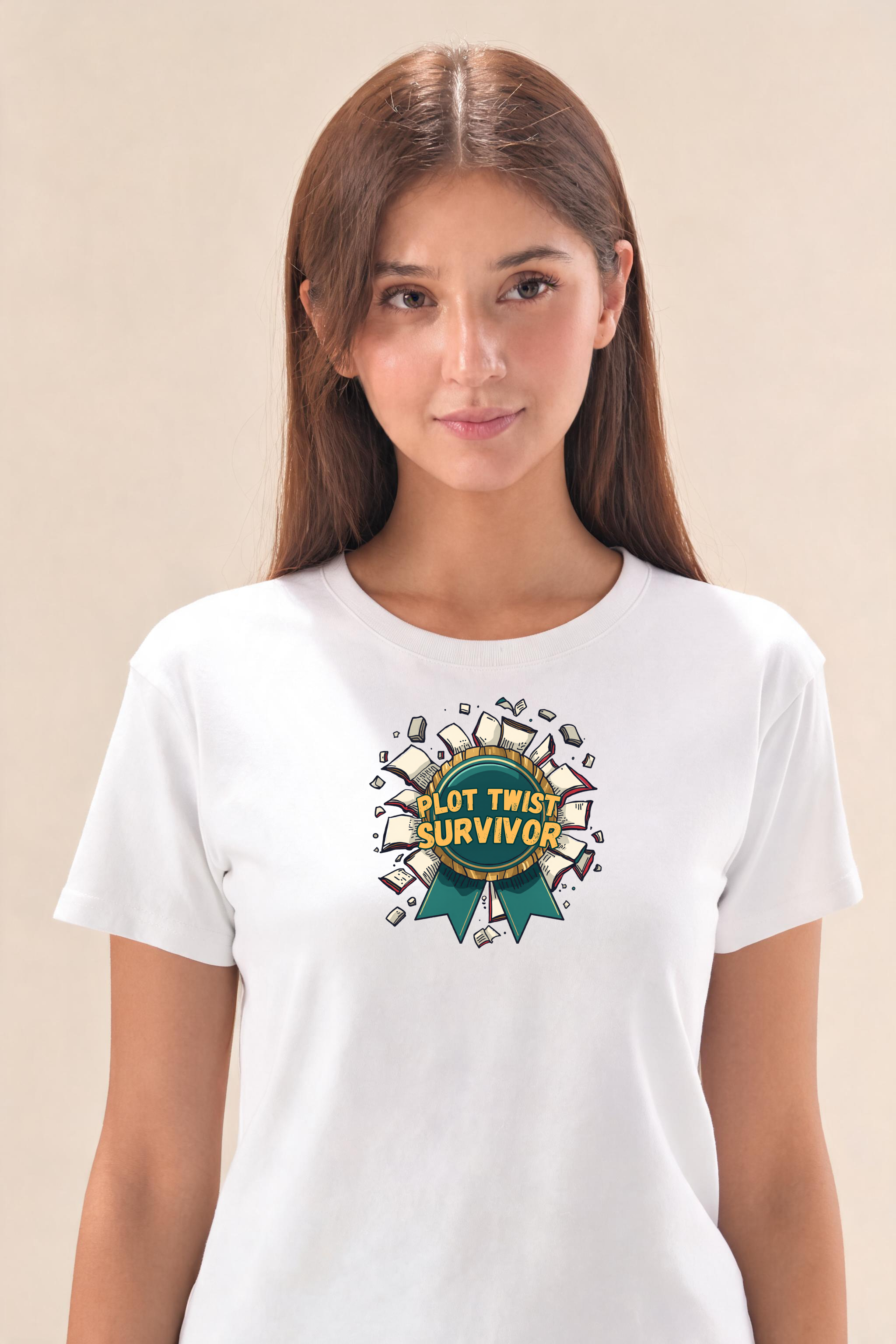 Dynamic Plot Twist Survivor Medal T Shirt Premium Tee — Female Model (White)