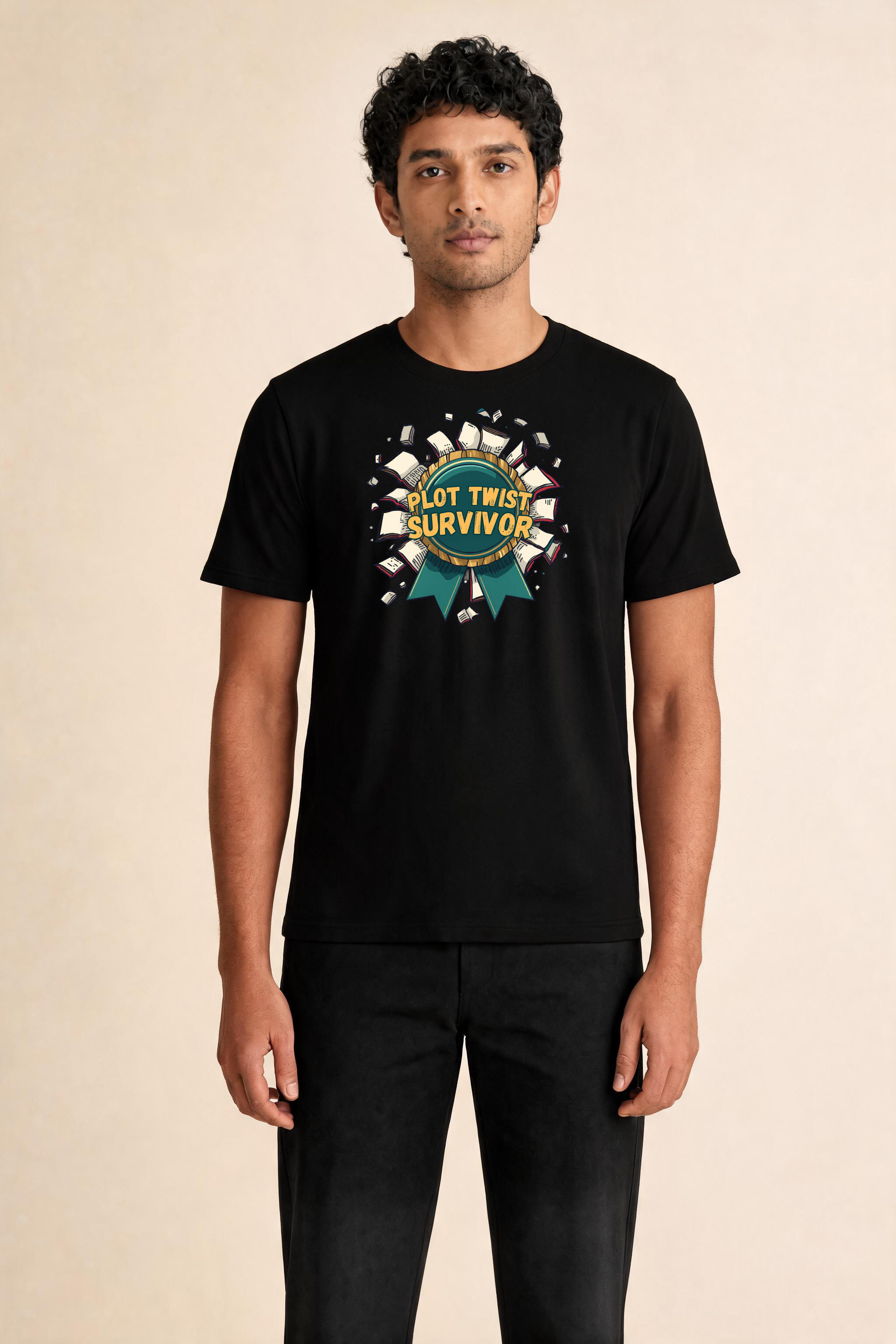Dynamic Plot Twist Survivor Medal T Shirt Premium Tee — Male Model (Black)
