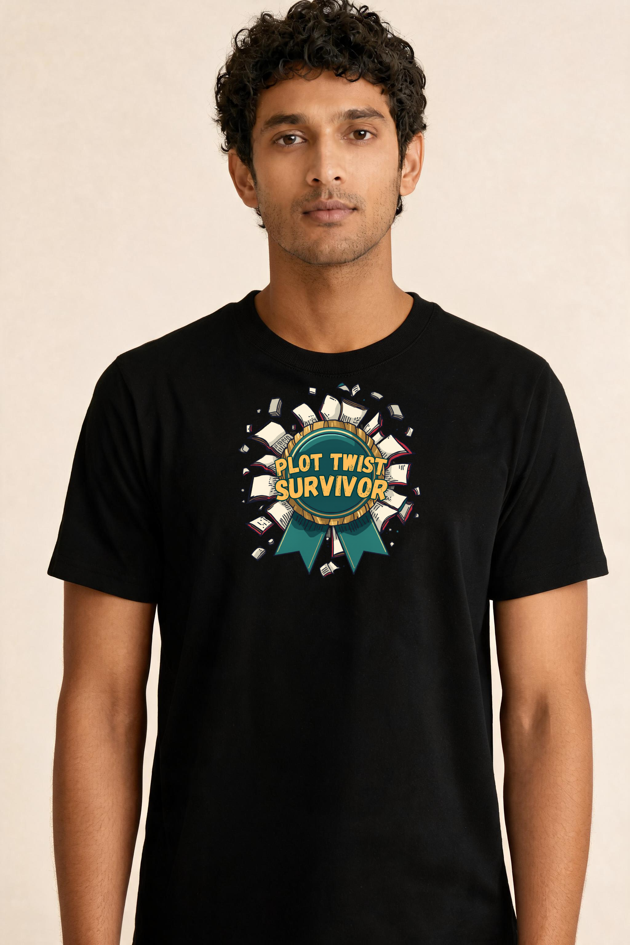 Dynamic Plot Twist Survivor Medal T Shirt Premium Tee — Male Model (Black)