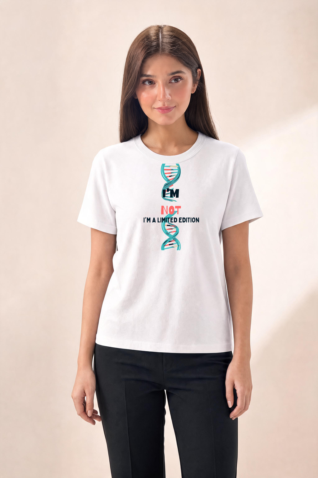 Dynamic T Shirt Graphic Featuring Unique Typography Premium Tee — Female Model (White)