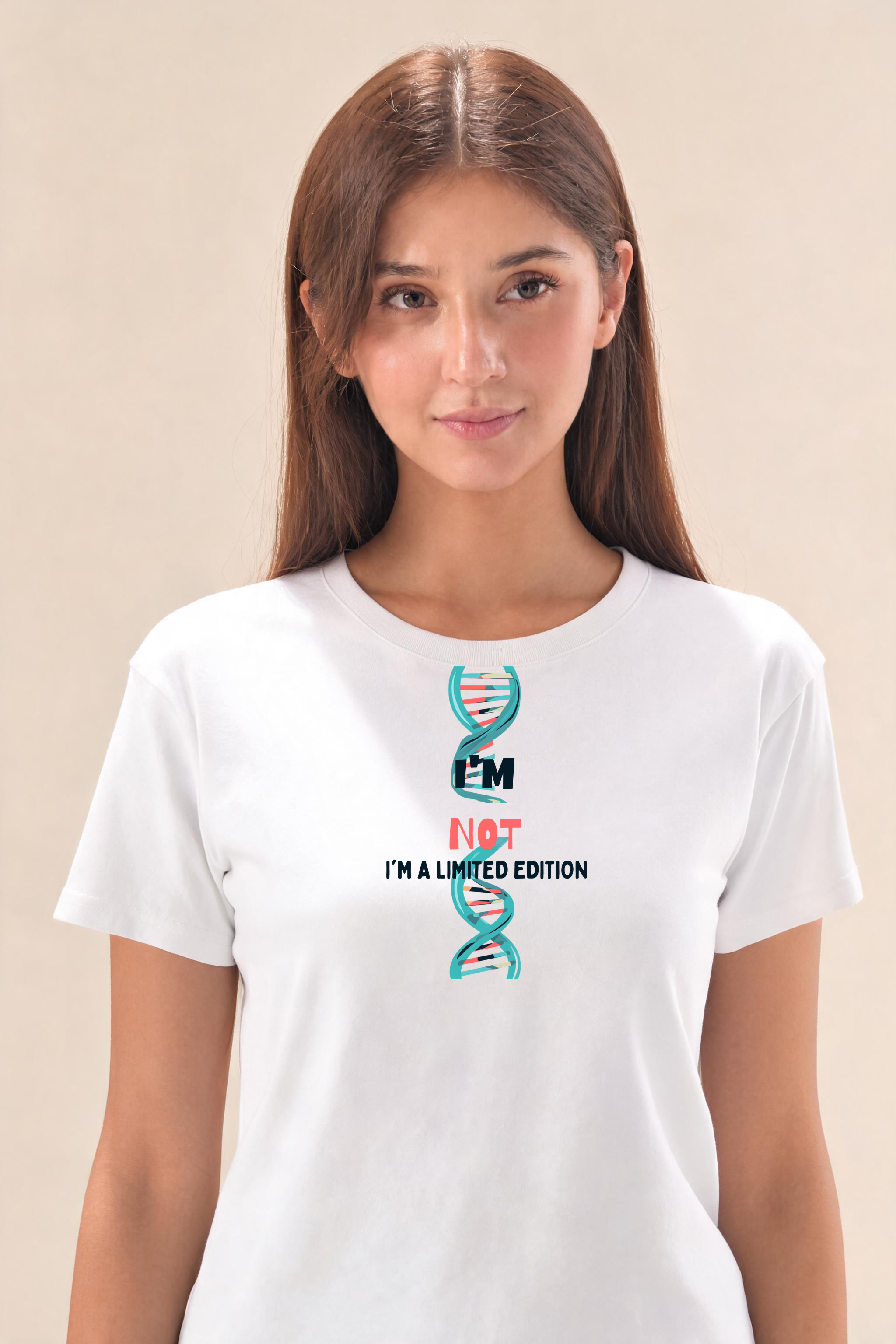 Dynamic T Shirt Graphic Featuring Unique Typography Premium Tee — Female Model (White)