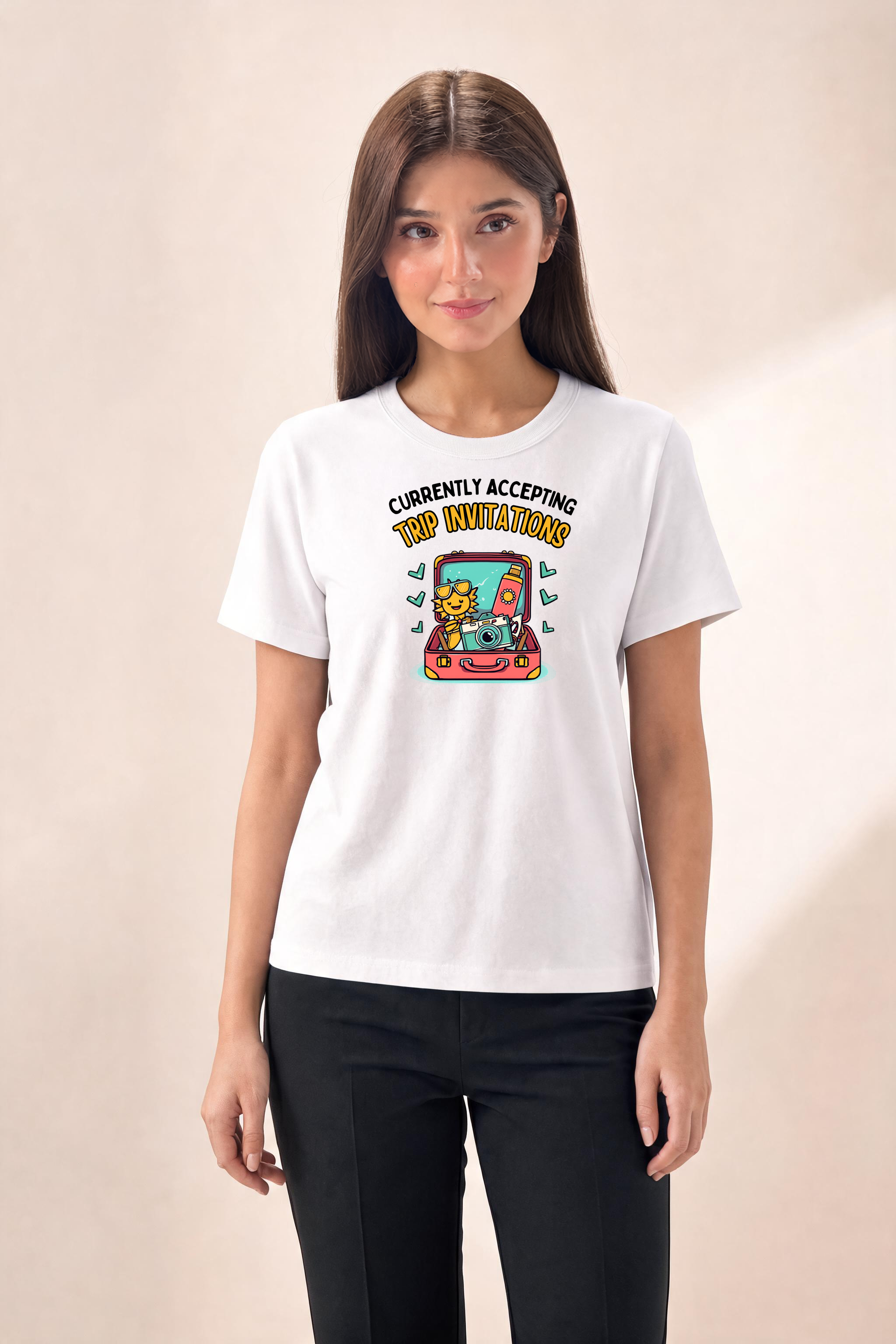 Dynamic Travel Invitation T Shirt Illustration Premium Tee — Female Model (White)