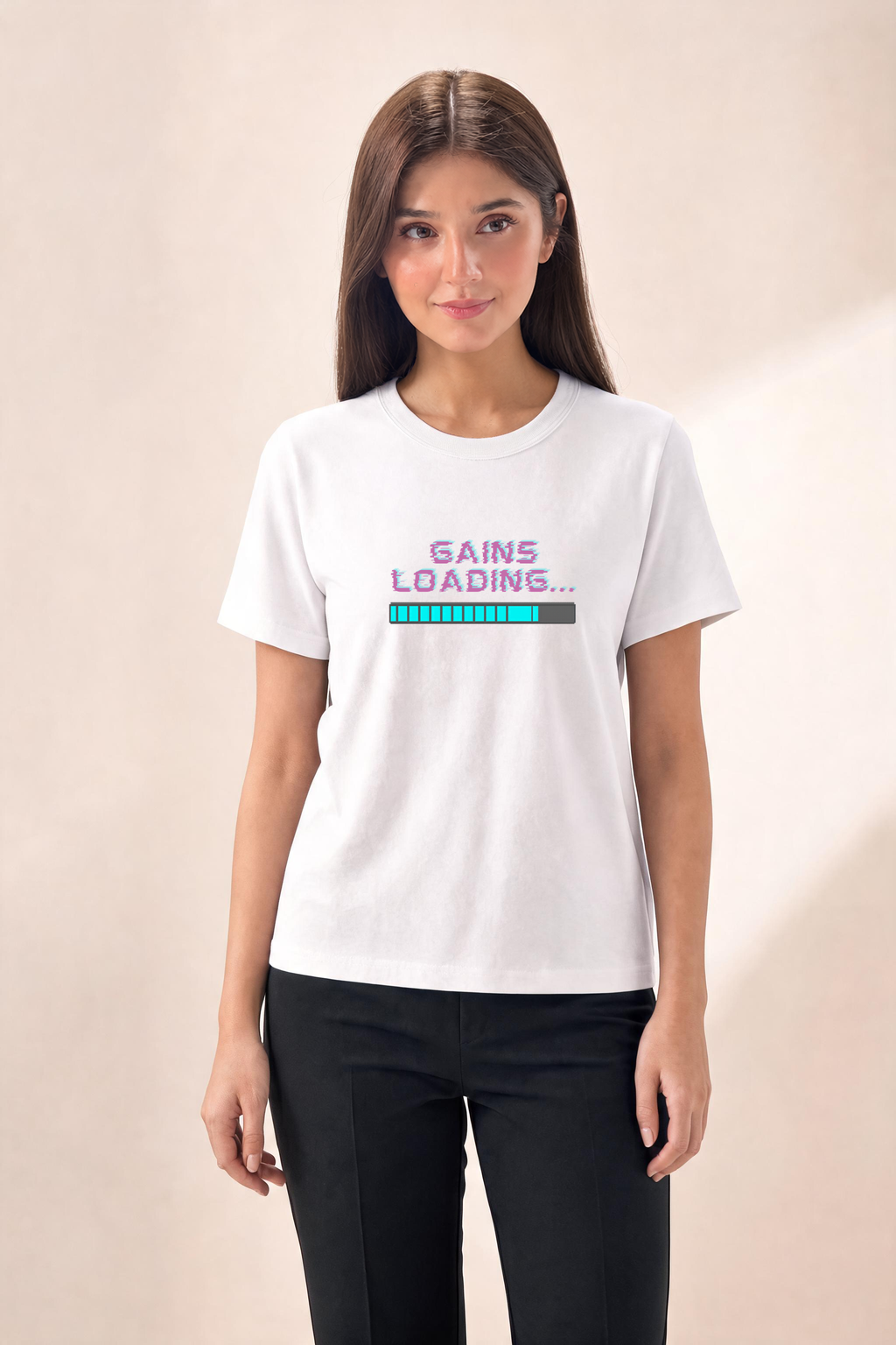 Edgy Gains Loading With Modern Dumbbell Icon Premium Tee — Female Model (White)
