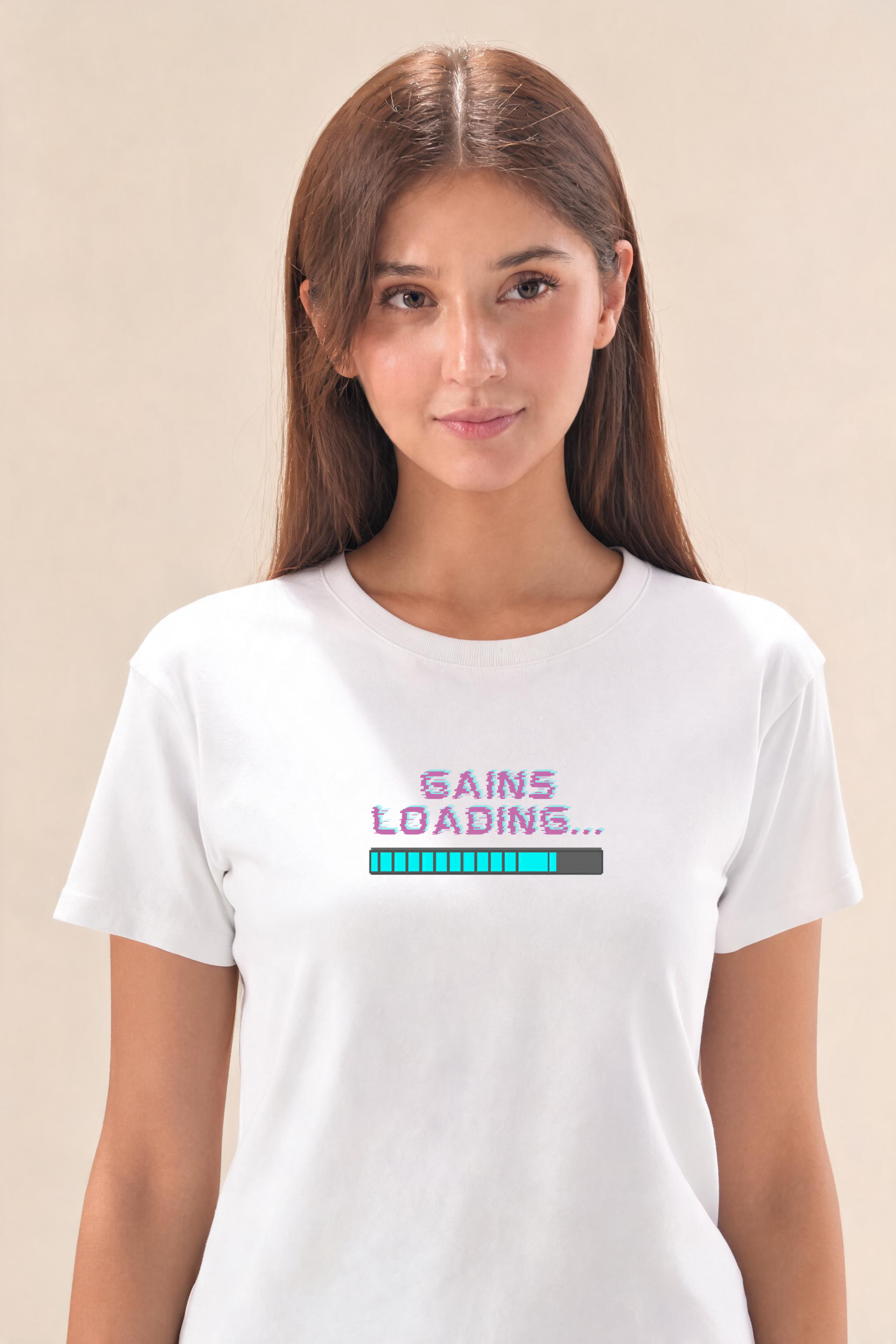 Edgy Gains Loading With Modern Dumbbell Icon Premium Tee — Female Model (White)