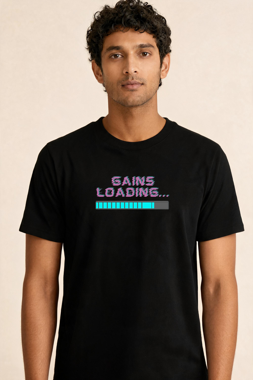 Edgy Gains Loading With Modern Dumbbell Icon Premium Tee — Male Model (Black)
