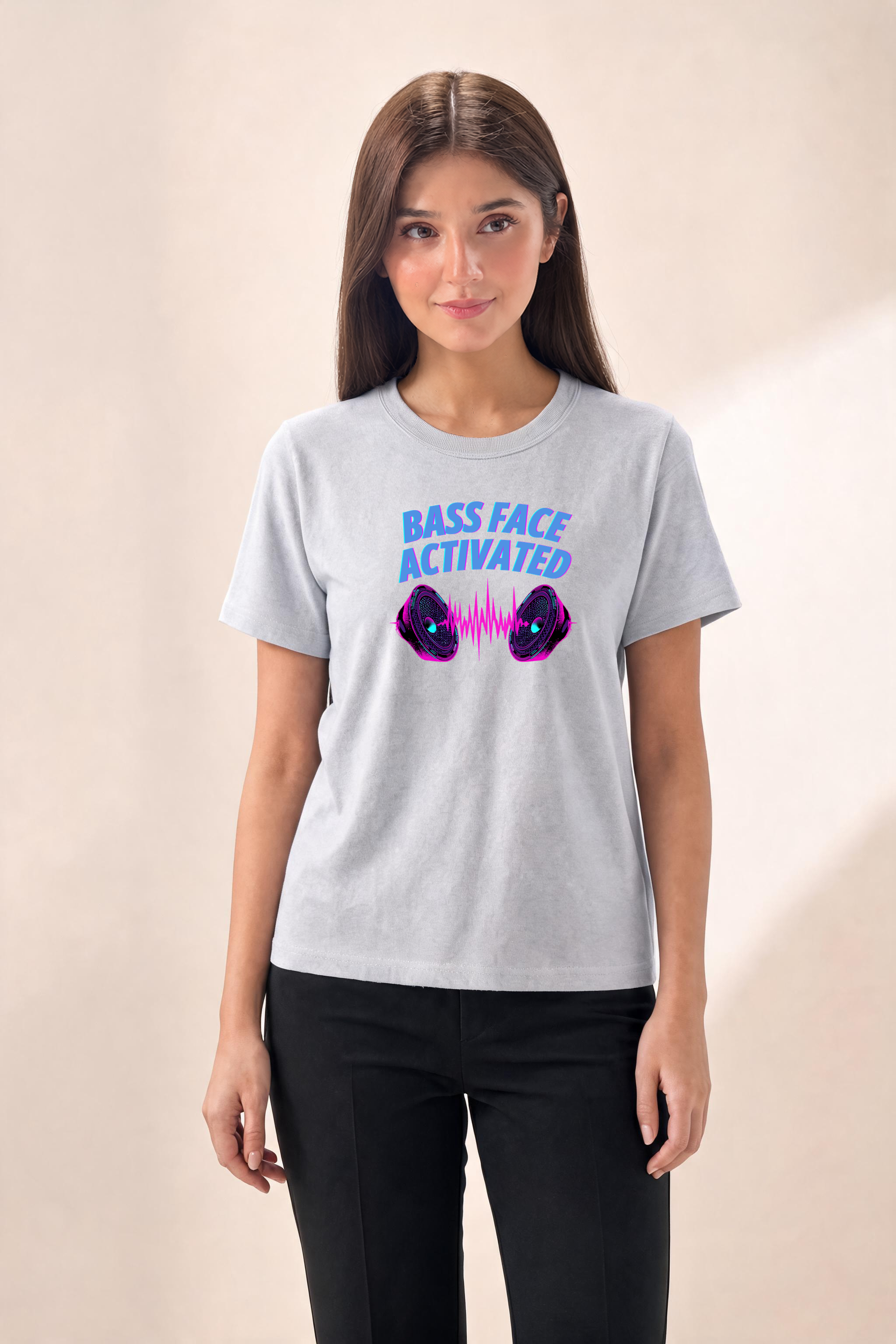 Edgy Streetwear Speaker Design Premium Tee — Female Model (Gray)