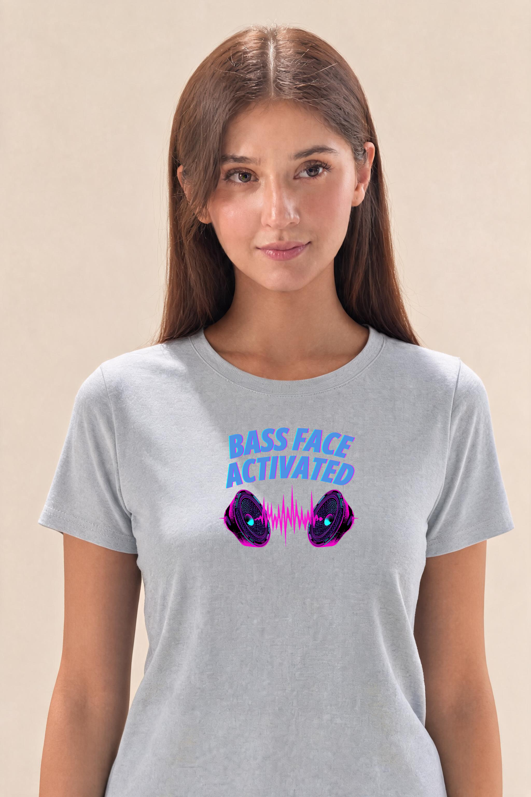 Edgy Streetwear Speaker Design Premium Tee — Female Model (Gray)