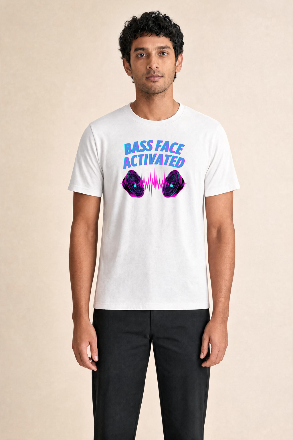 Edgy Streetwear Speaker Design Premium Tee — Male Model (White)