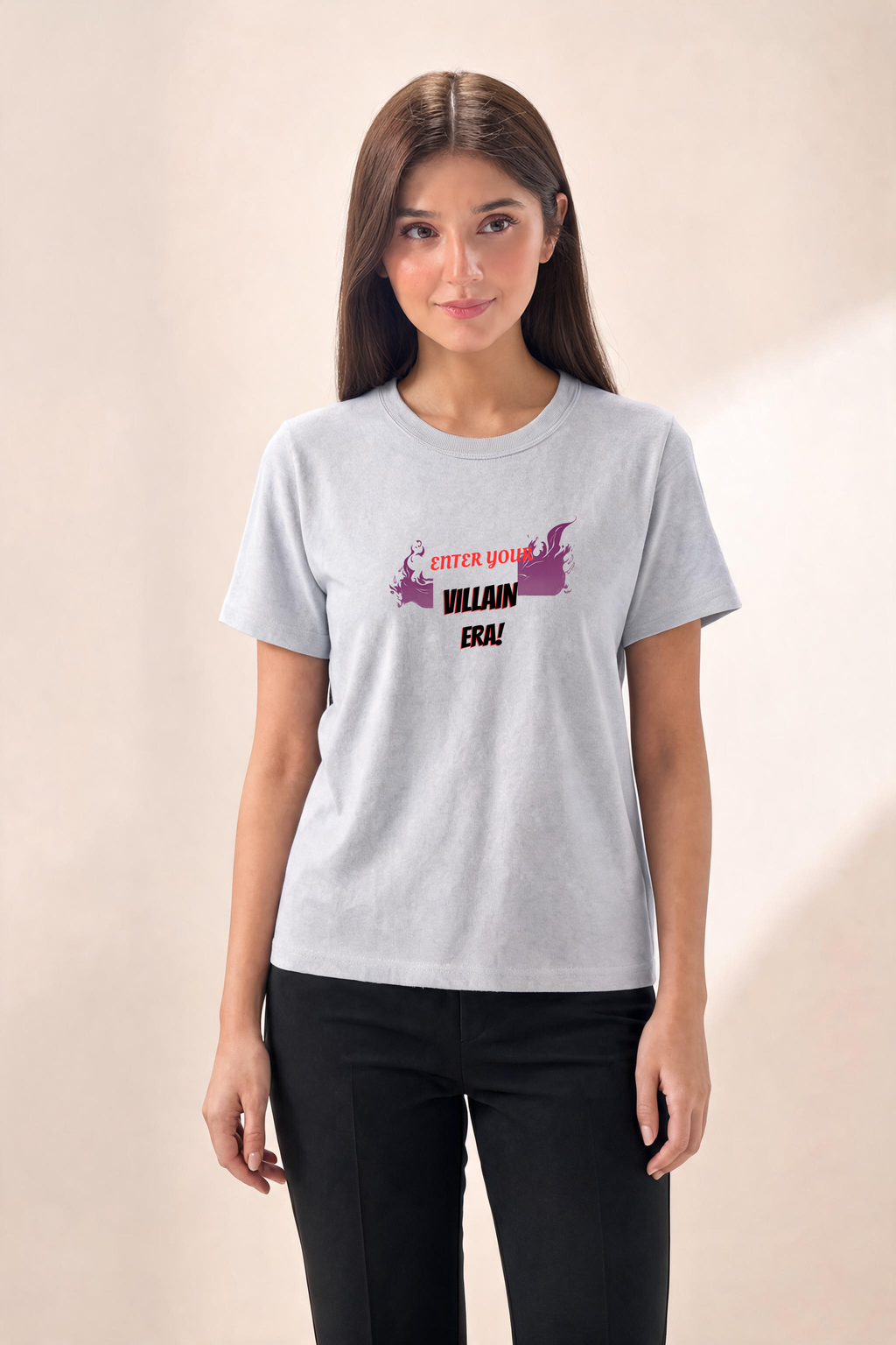 Edgy T Shirt Design With Sharp Typography Premium Tee — Female Model (Gray)