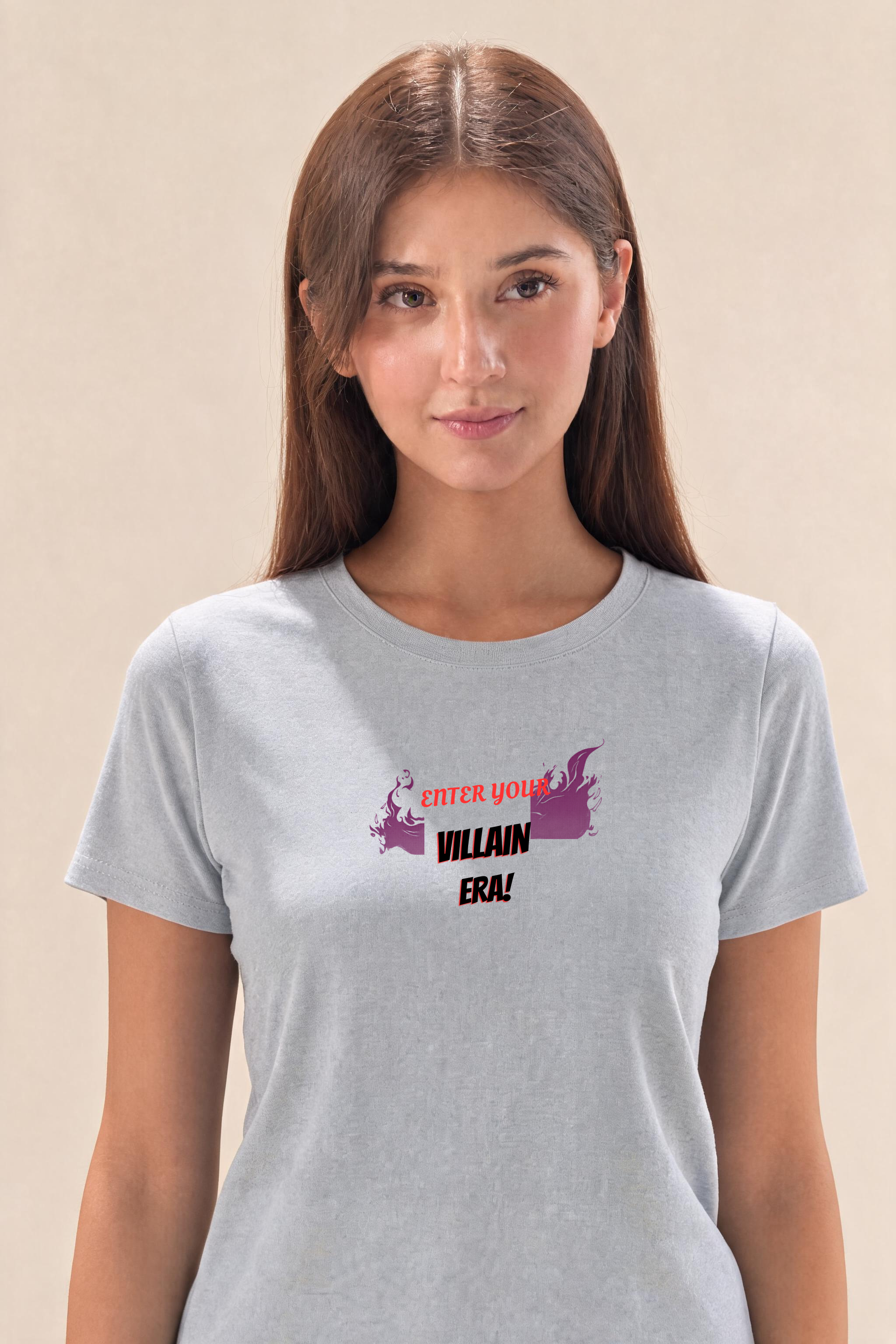Edgy T Shirt Design With Sharp Typography Premium Tee — Female Model (Gray)