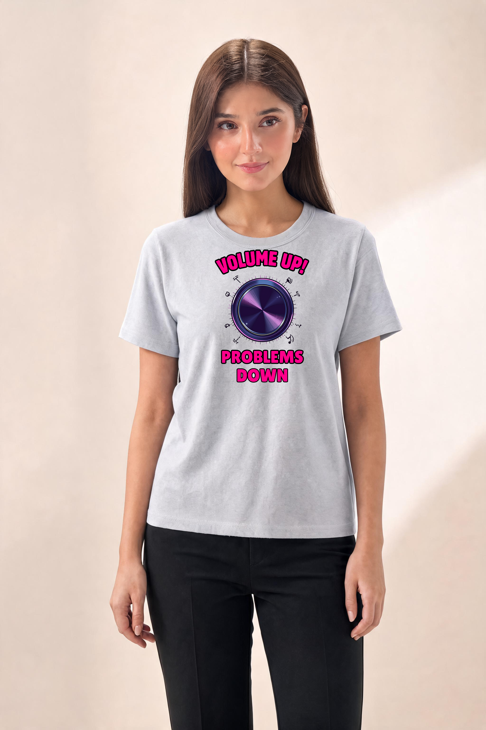Edgy Volume Knob With Neon Gradient Letters Premium Tee — Female Model (Gray)