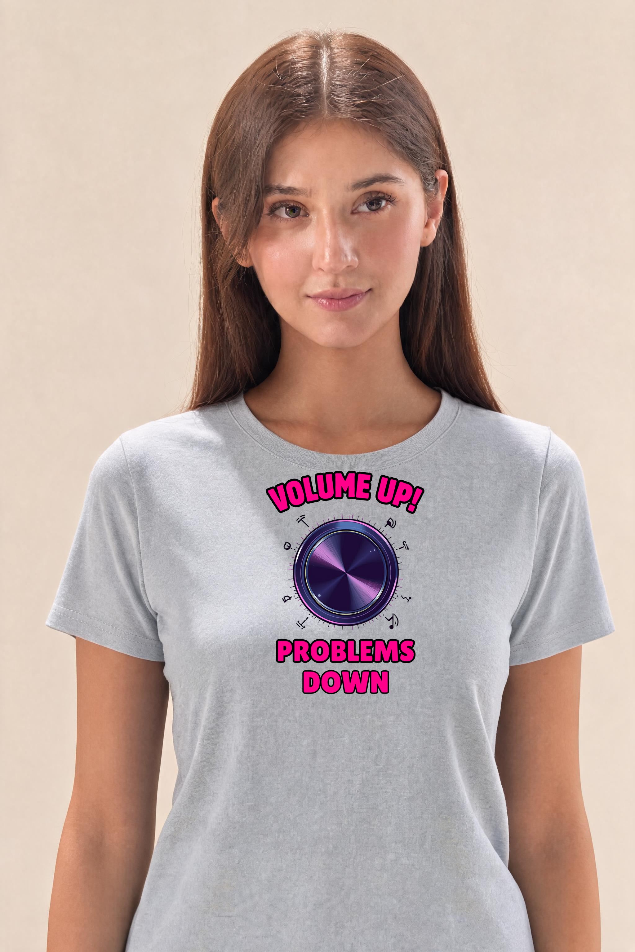 Edgy Volume Knob With Neon Gradient Letters Premium Tee — Female Model (Gray)