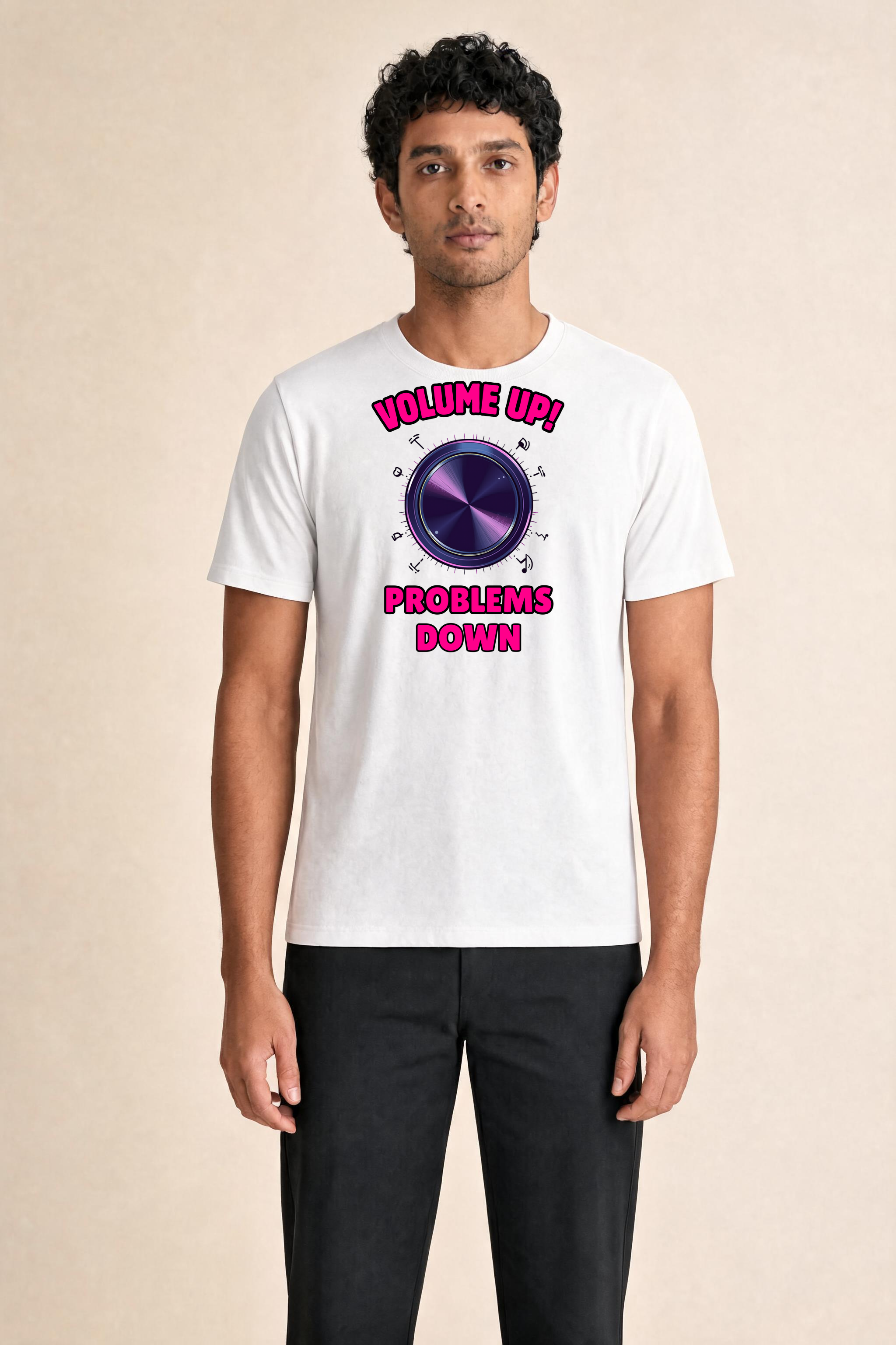 Edgy Volume Knob With Neon Gradient Letters Premium Tee — Male Model (White)