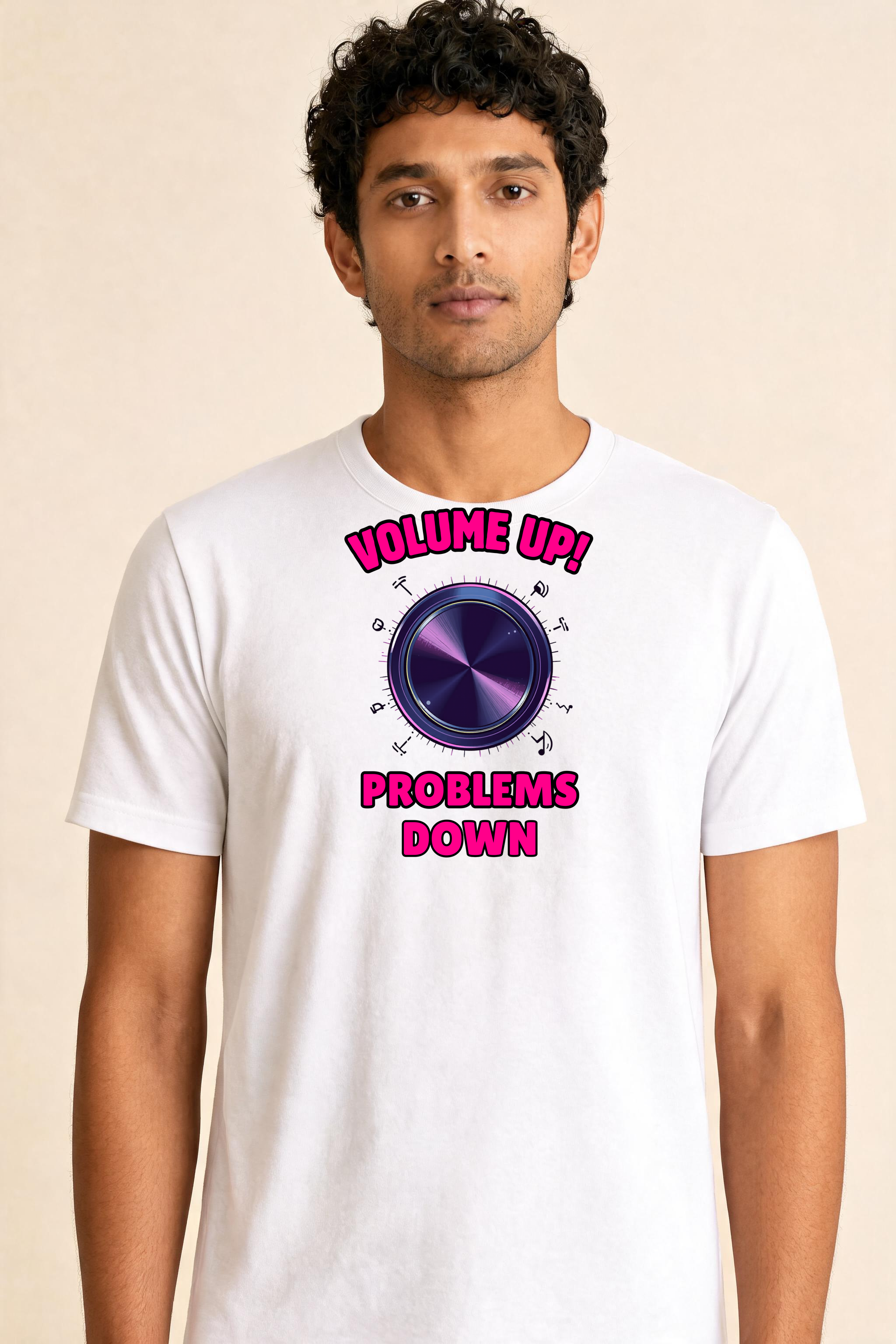 Edgy Volume Knob With Neon Gradient Letters Premium Tee — Male Model (White)