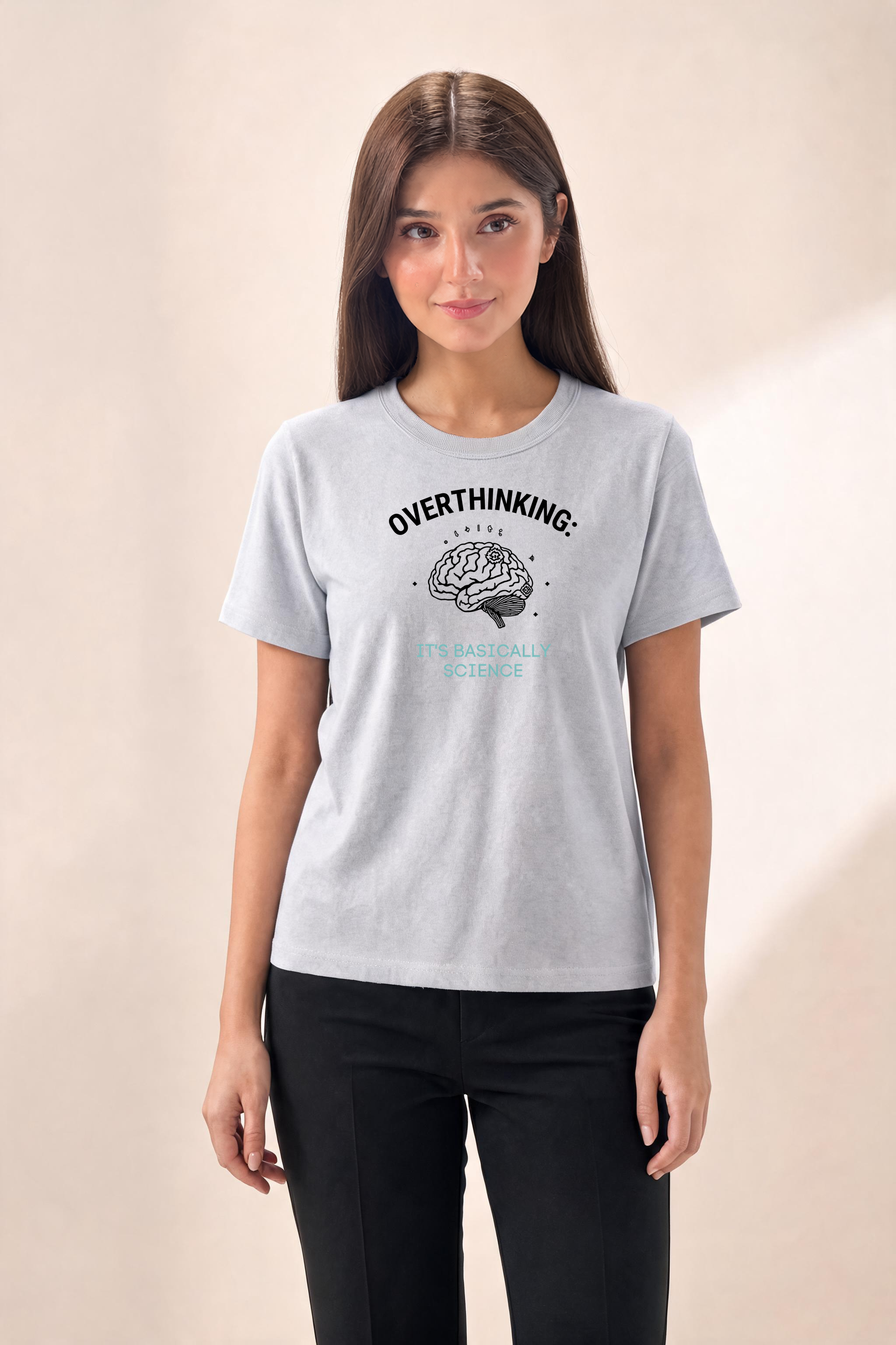 Elevated Science And Overthinking T Shirt Art Premium Tee — Female Model (Gray)
