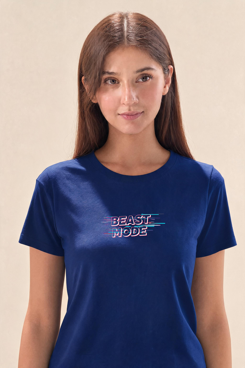 Beast Mode Buffering Premium Tee — Female Model (Navy Blue)