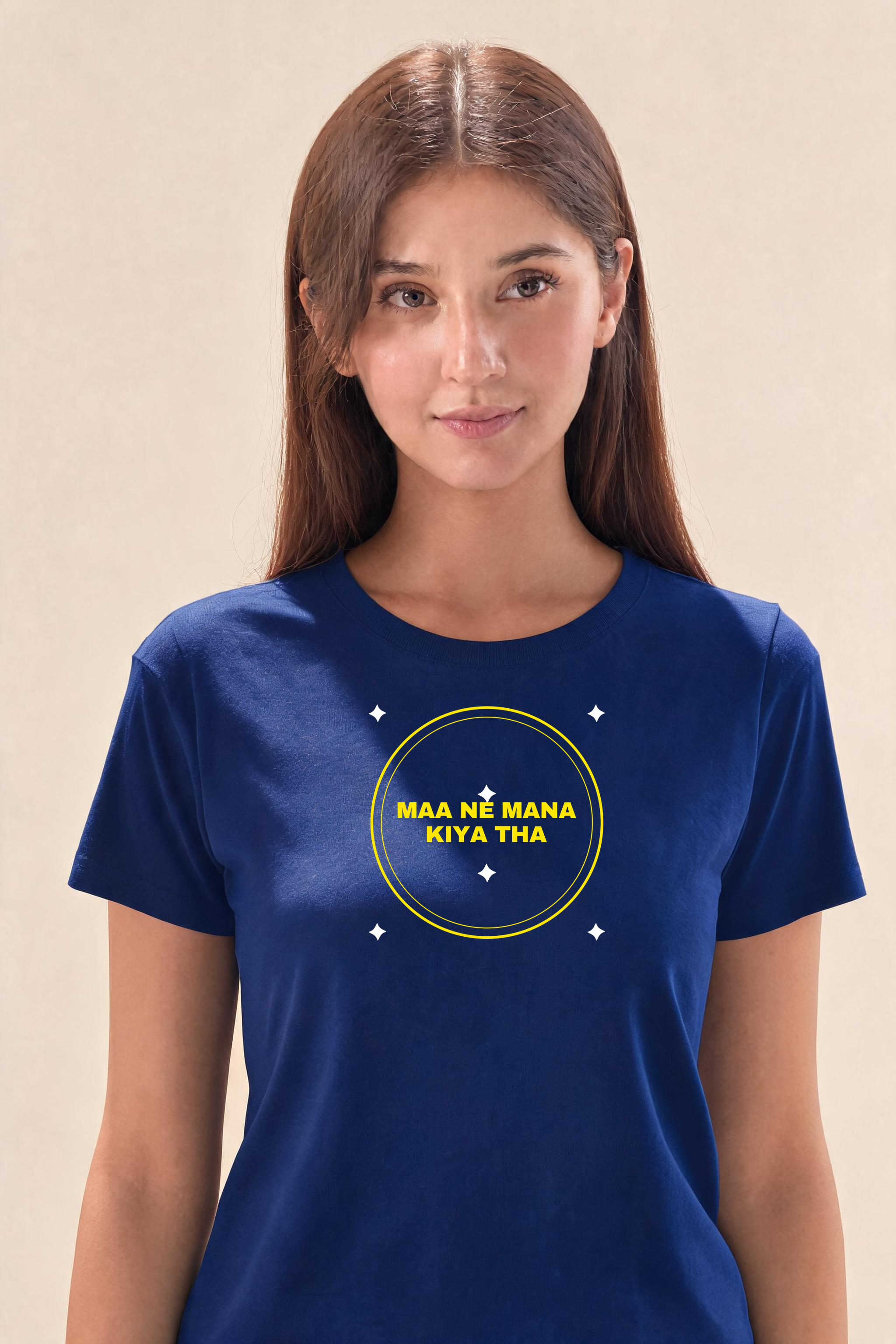 Maanemanakiyatha Premium Tee — Female Model (Navy Blue)