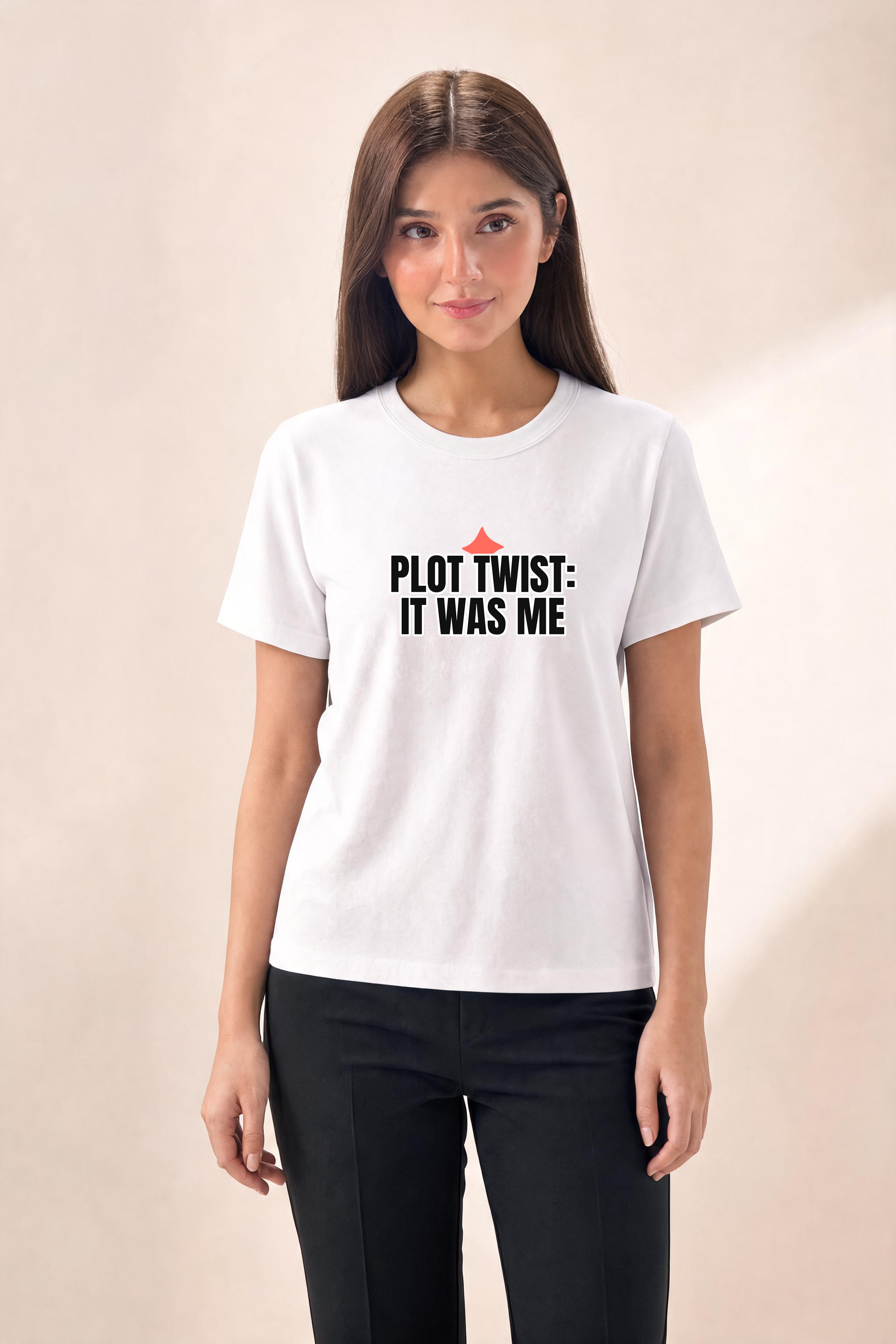 Plottwistitwasme Premium Tee — Female Model (White)