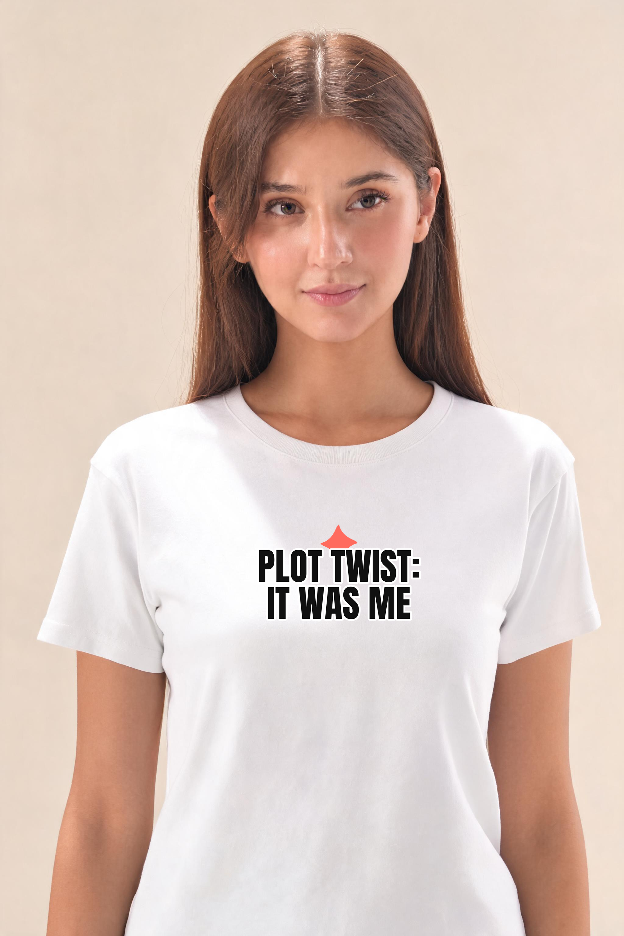 Plottwistitwasme Premium Tee — Female Model (White)