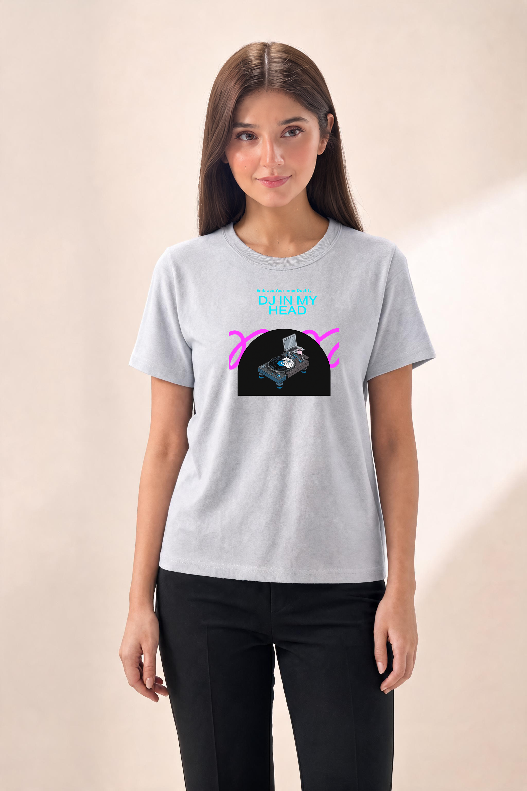 DJ In My Head Premium Tee — Female Model (Gray)