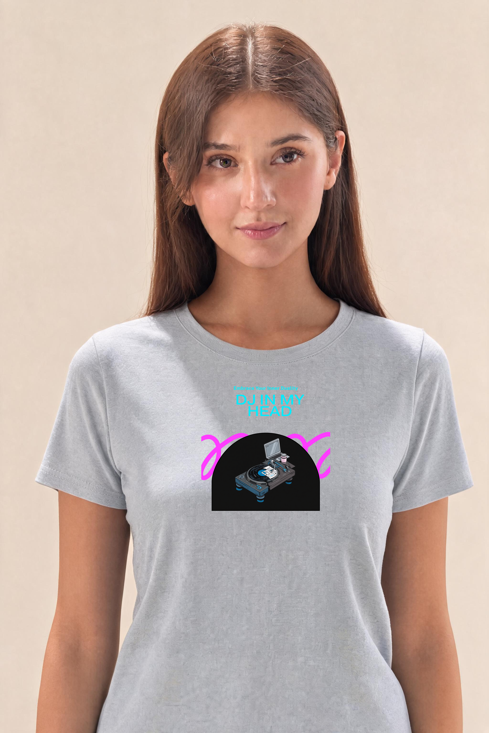 DJ In My Head Premium Tee — Female Model (Gray)