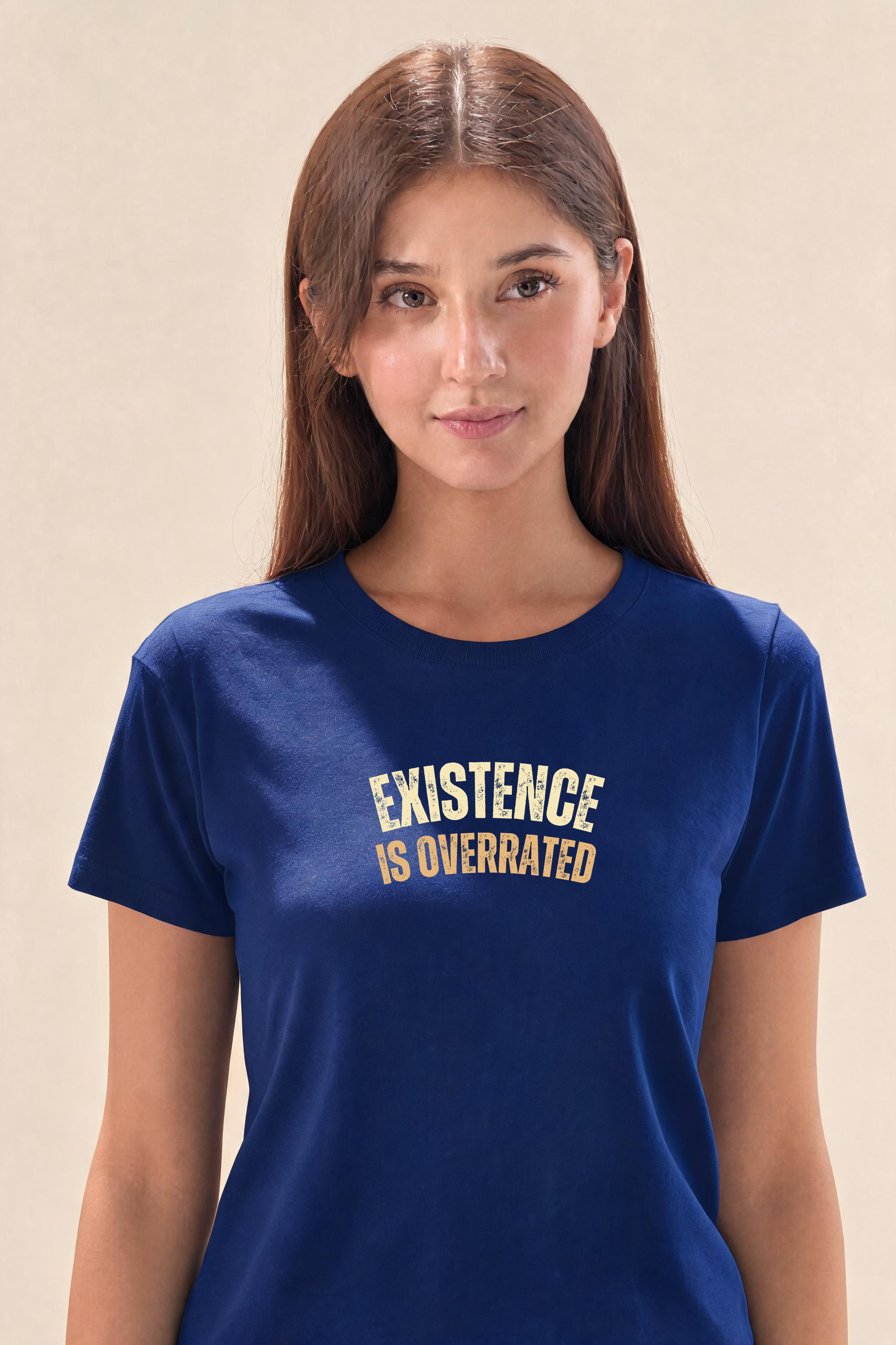 Existence Is Overrated Premium Tee — Female Model (Navy Blue)