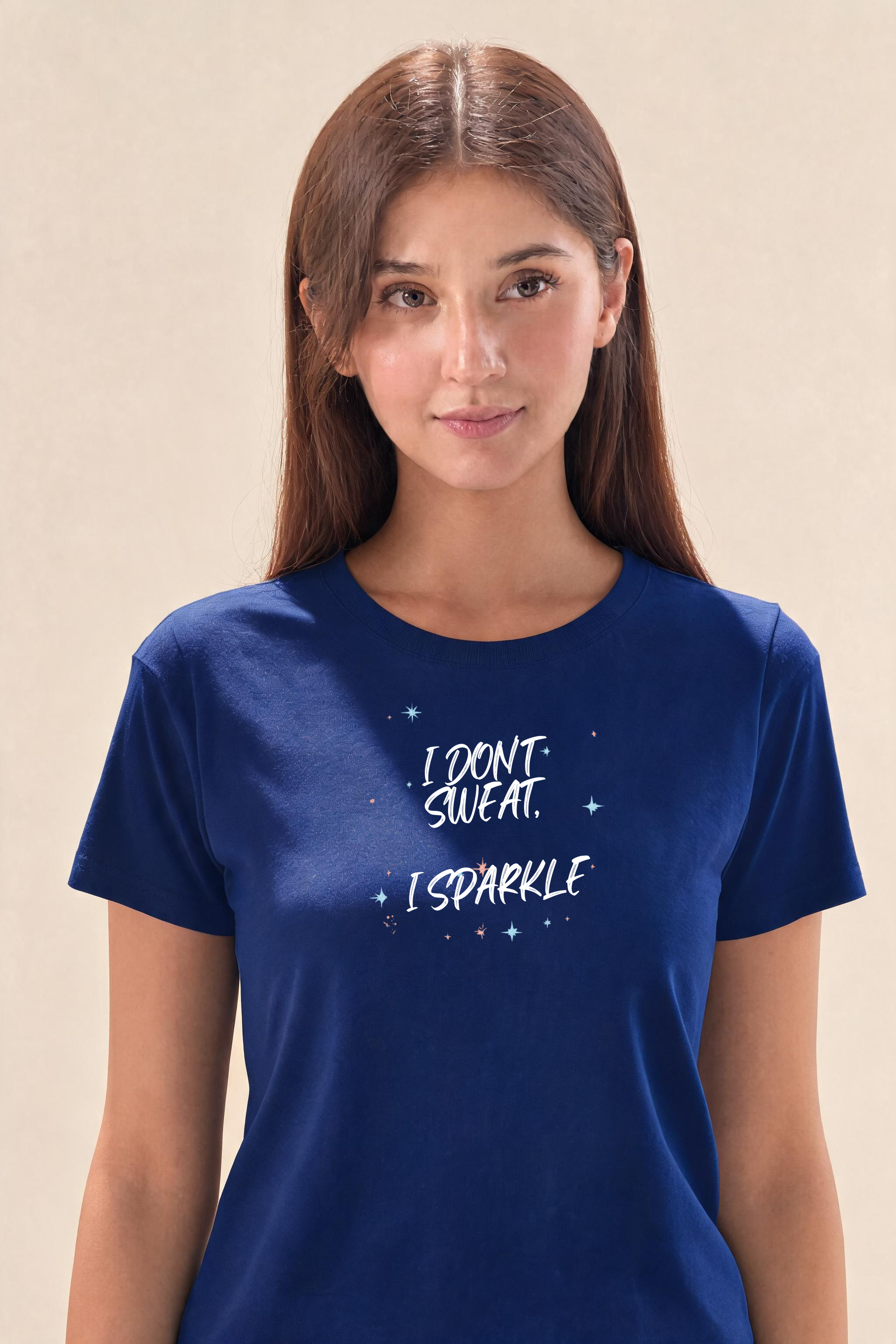 Chrome Premium Tee — Female Model (Navy Blue)