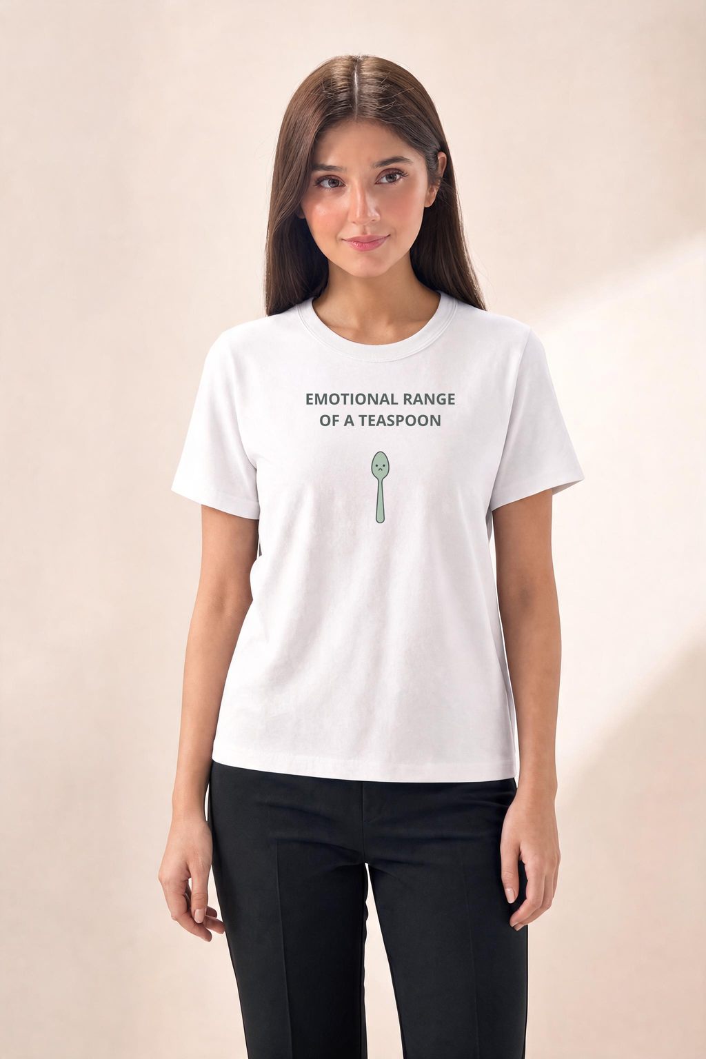 Sleek Tee Design With Teaspoon Illustration Premium Tee — Female Model (White)