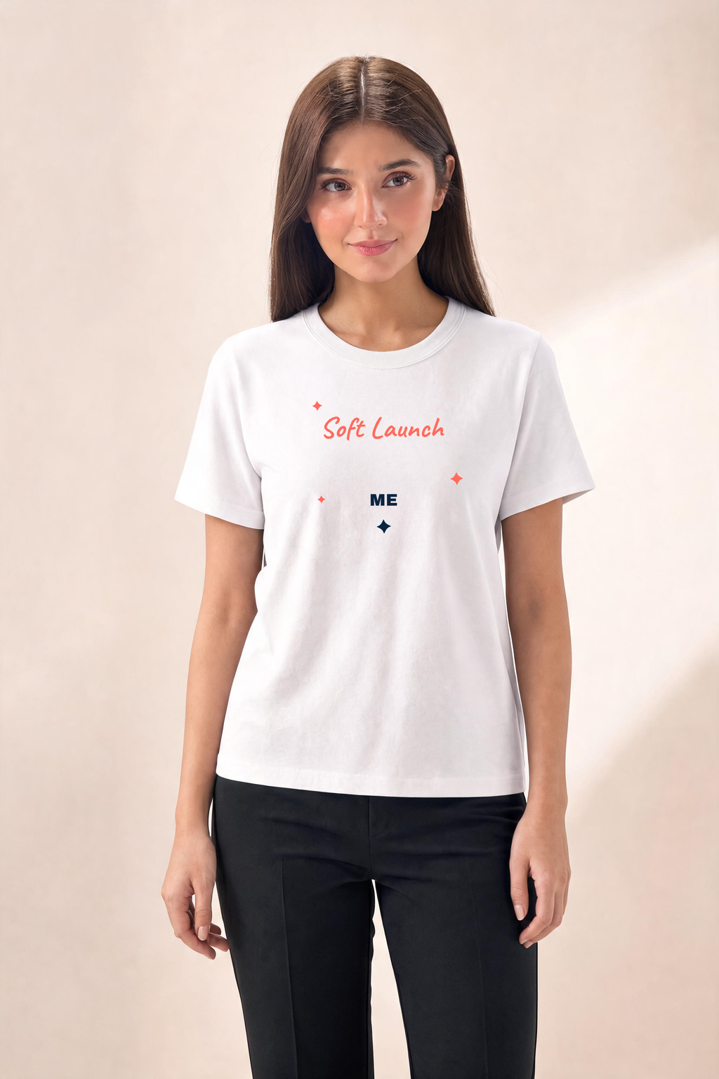 Softlaunchme Premium Tee — Female Model (White)