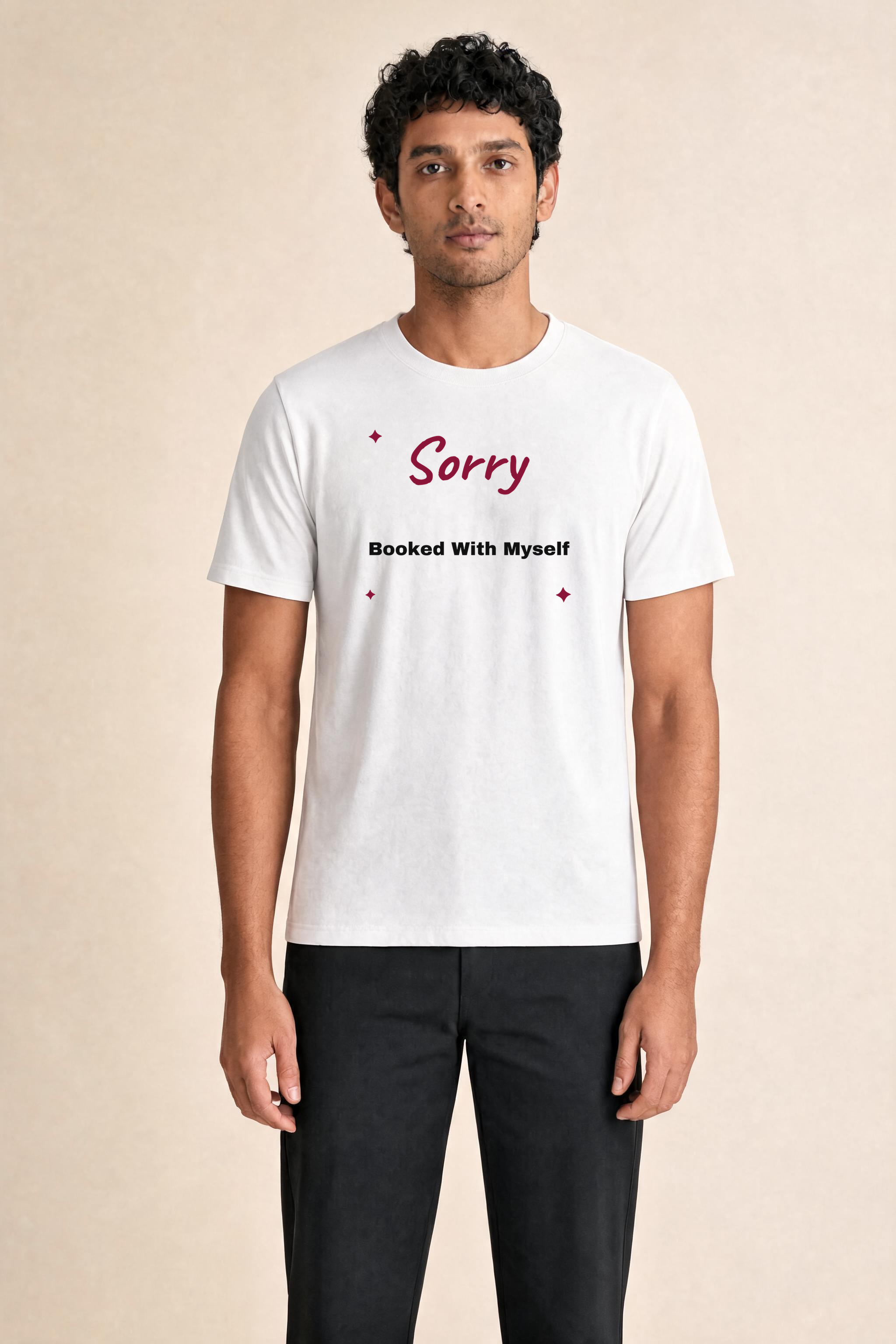 Sorrybookedwithmyself Premium Tee — Male Model (White)