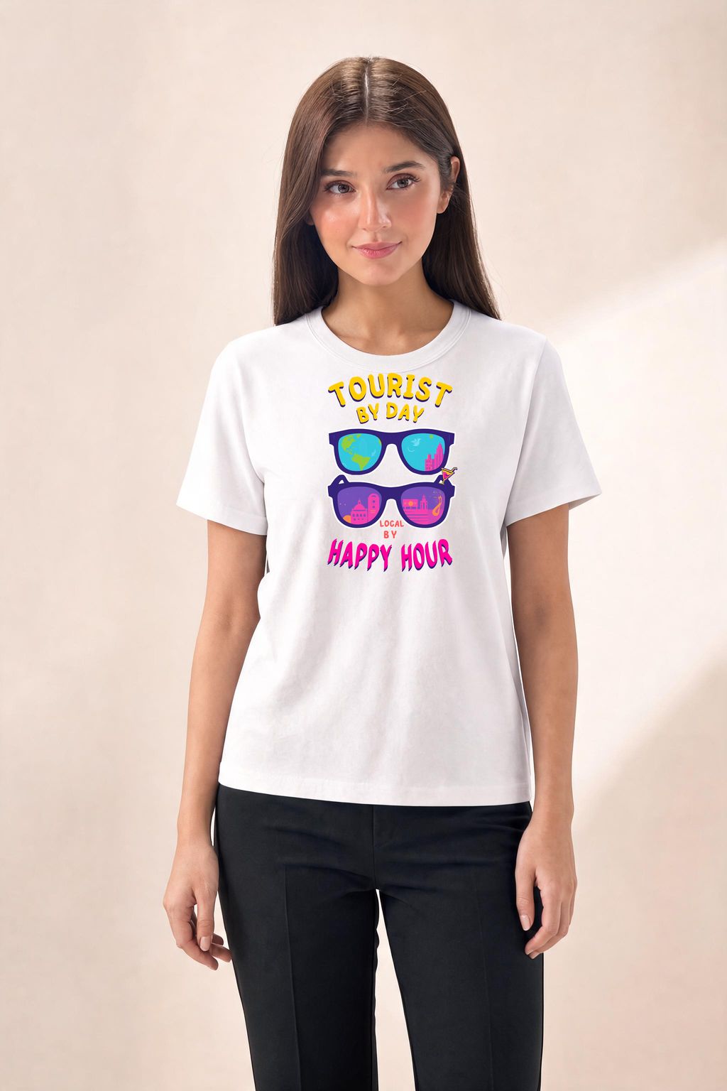 Shades Premium Tee — Female Model (White)