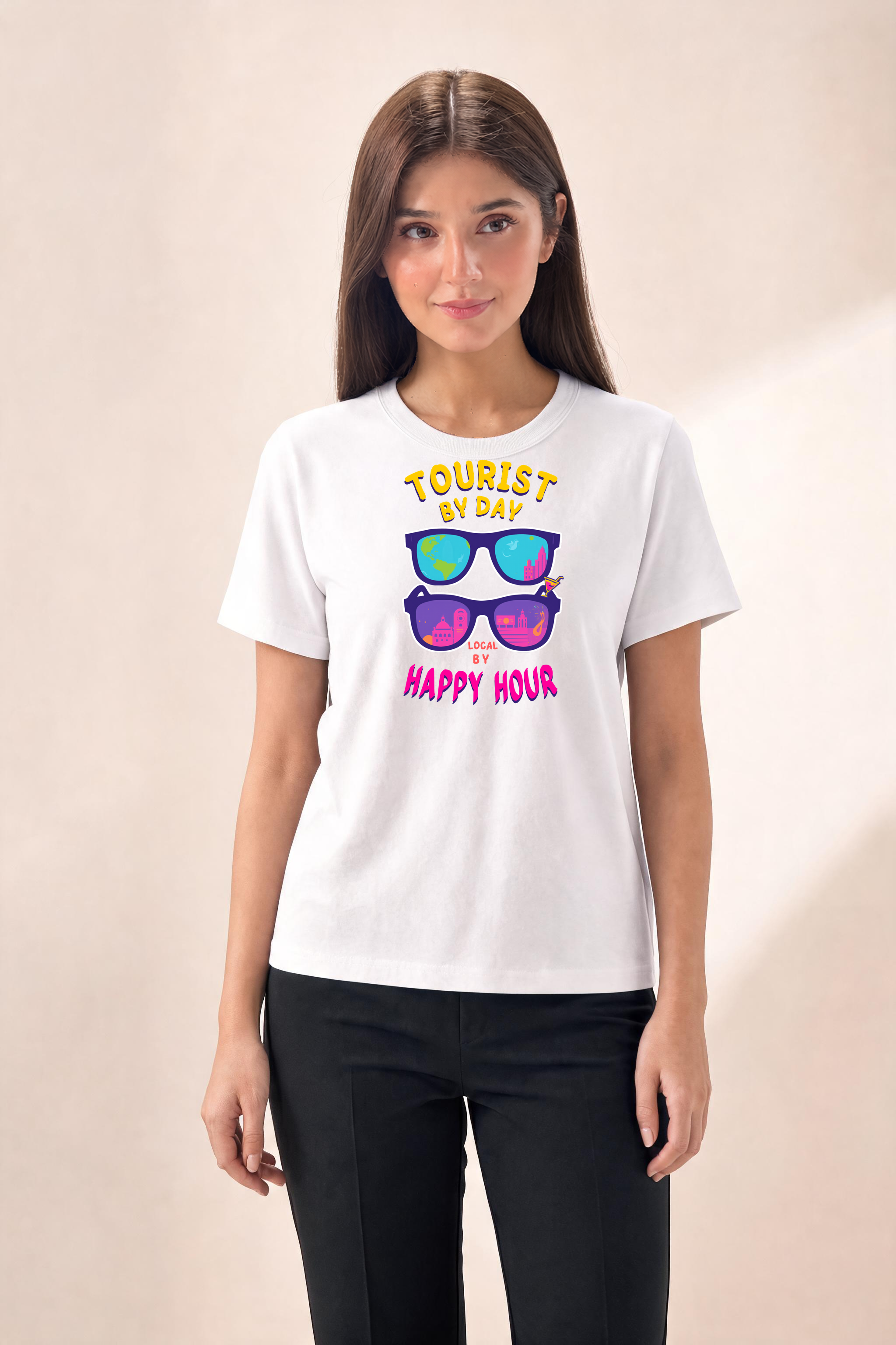 Shades Premium Tee — Female Model (White)