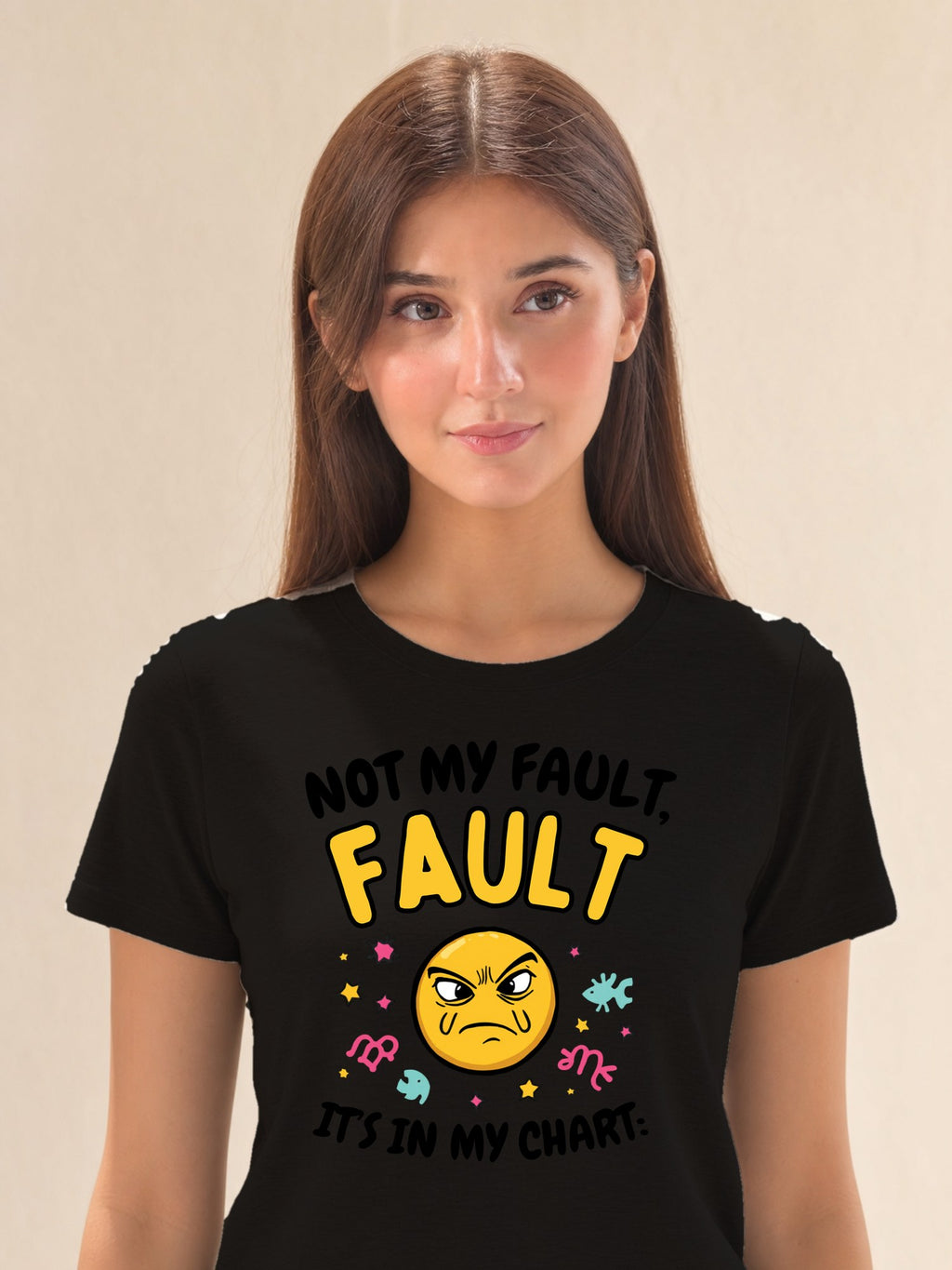 Shrug Emoji - female model (closeup)