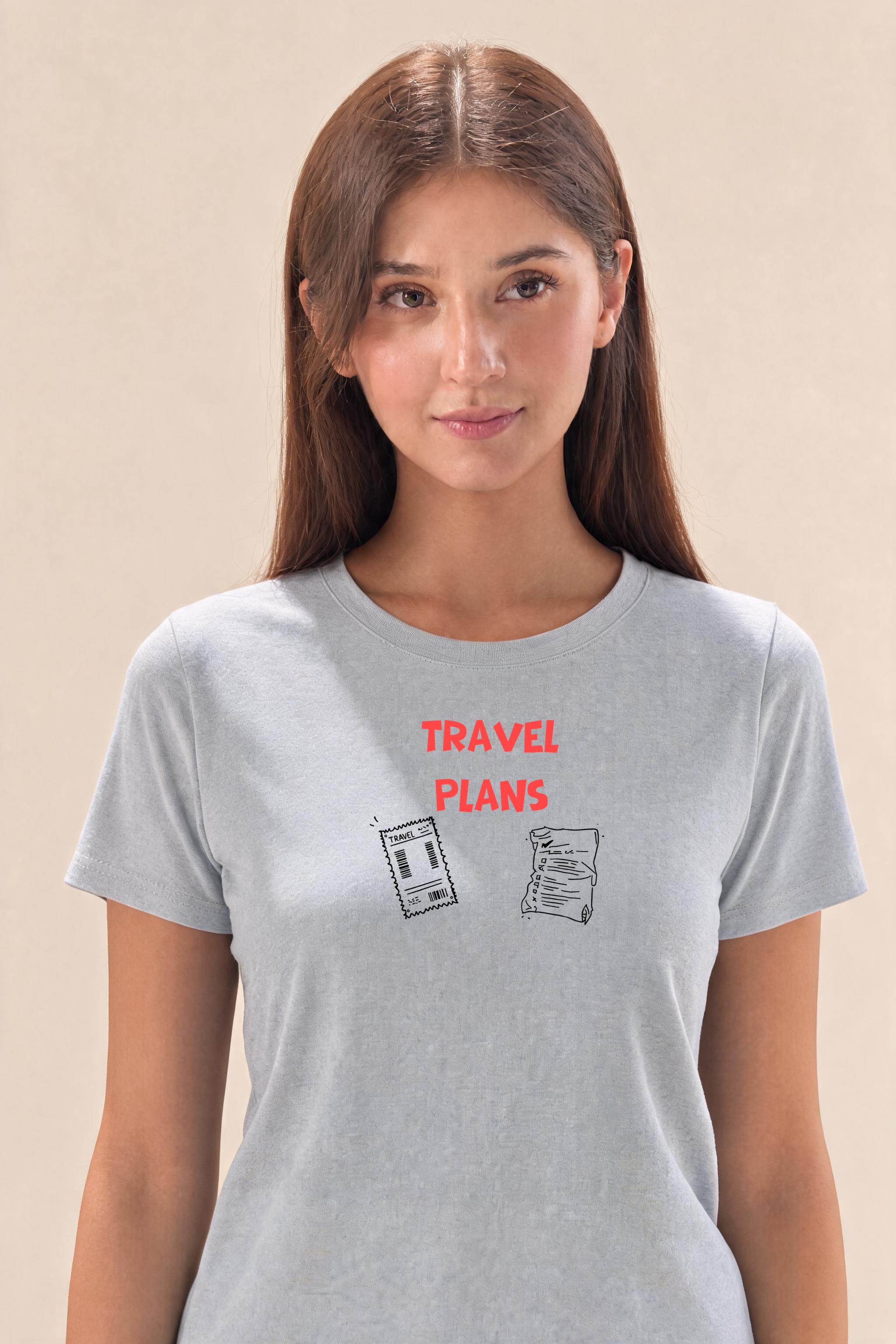 Travel Plans vs Life Plans Premium Tee — Female Model (Gray)