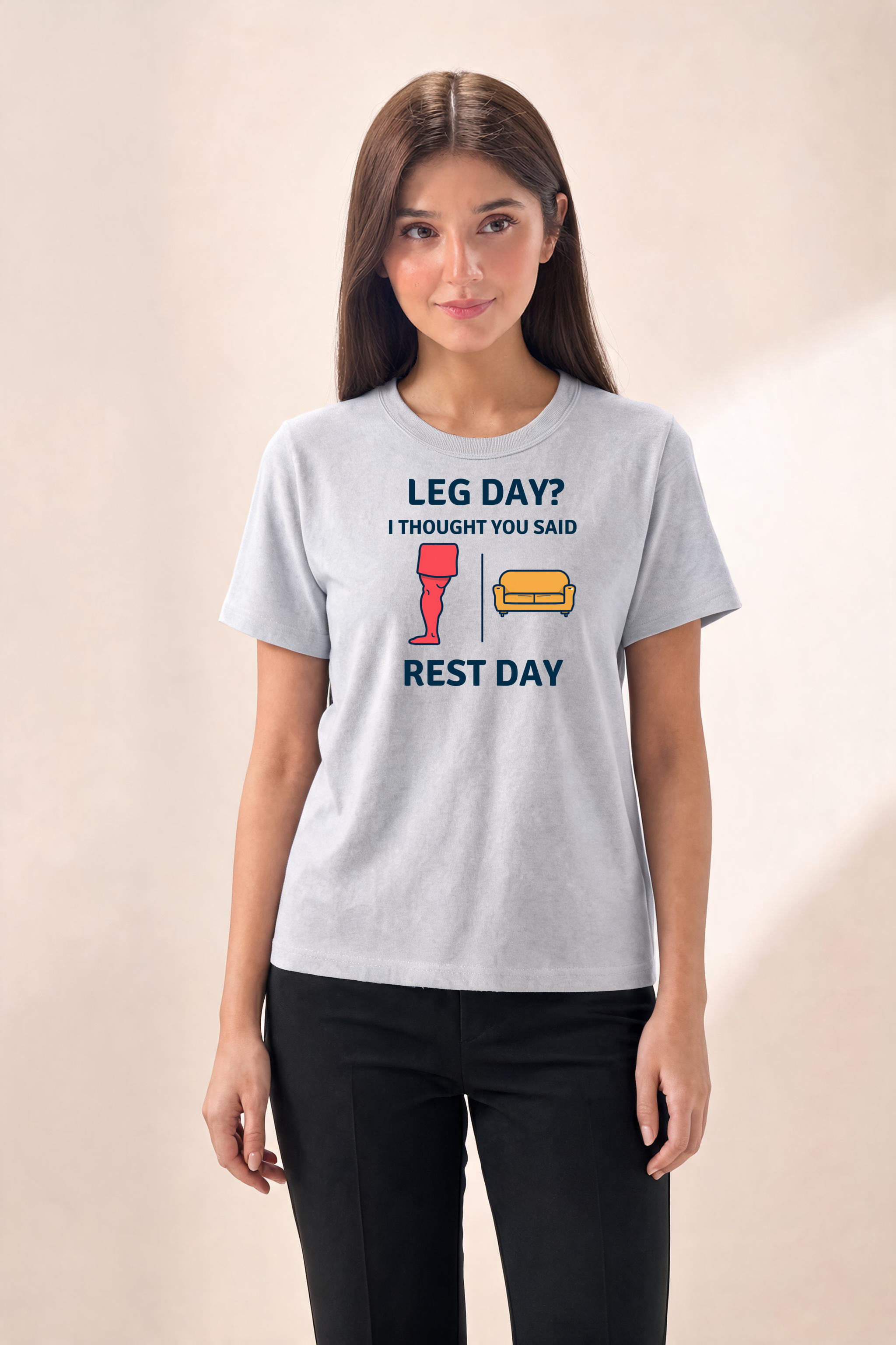 Gym Humor Premium Tee — Female Model (Gray)