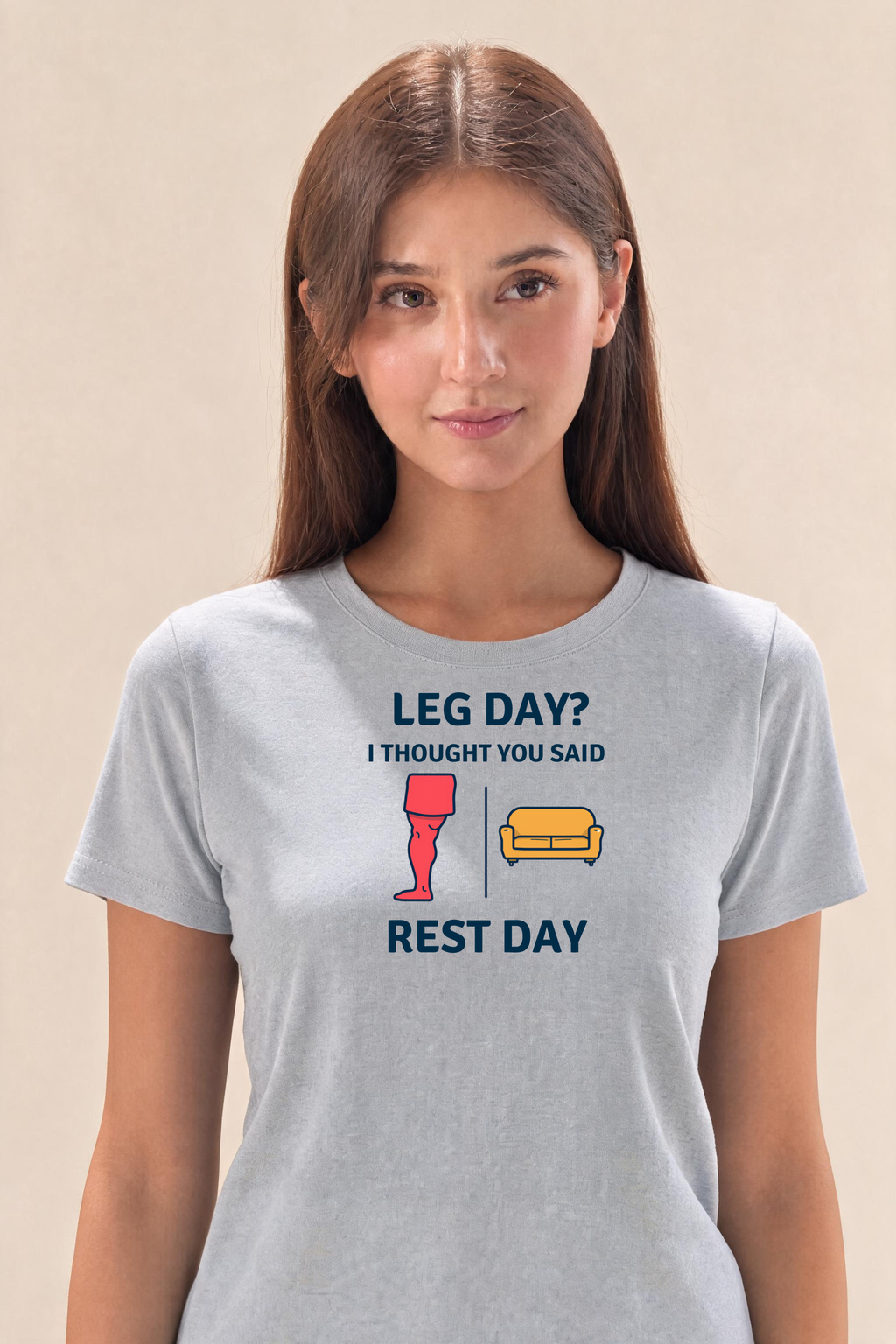 Gym Humor Premium Tee — Female Model (Gray)