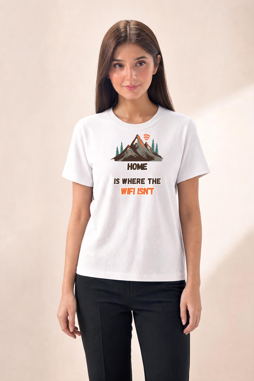 Mountain Scene Premium Tee — Female Model (White)