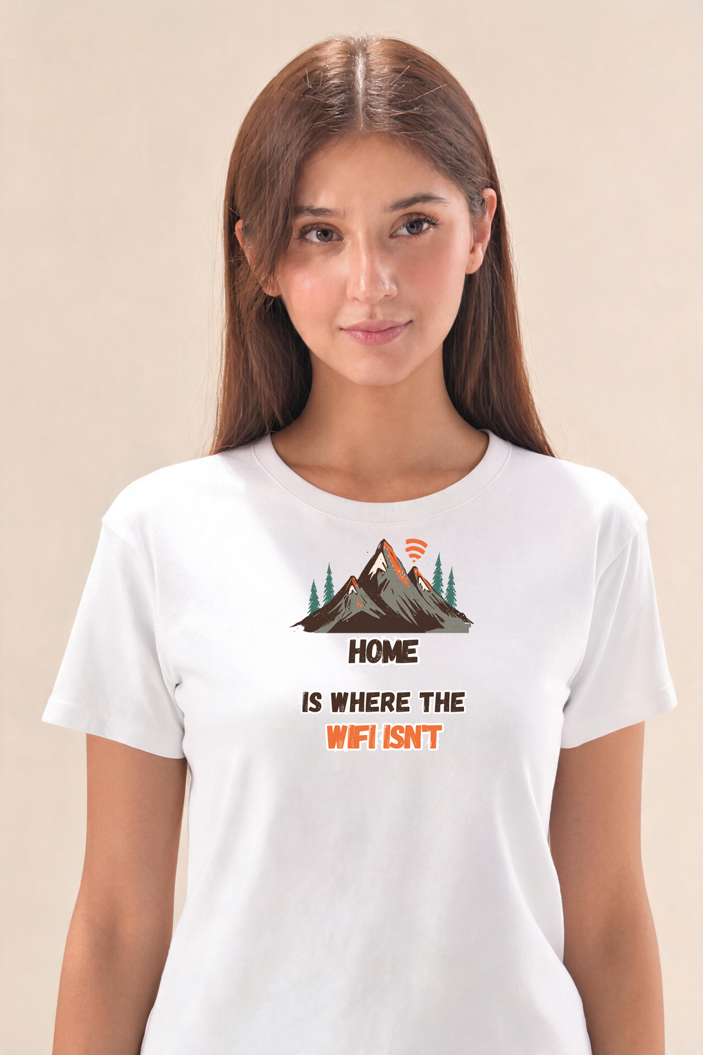Mountain Scene Premium Tee — Female Model (White)