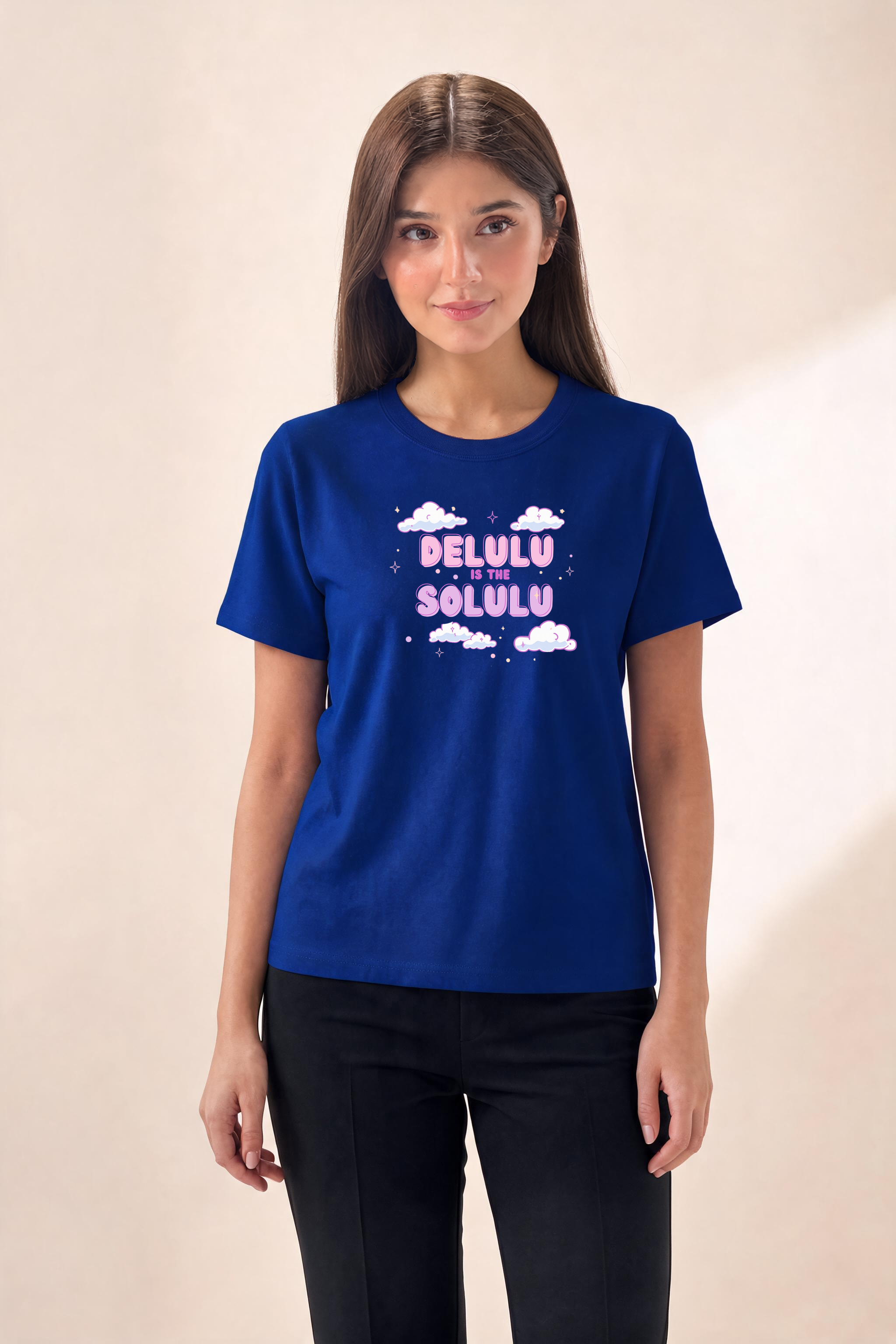 Y2K Premium Tee — Female Model (Navy Blue)