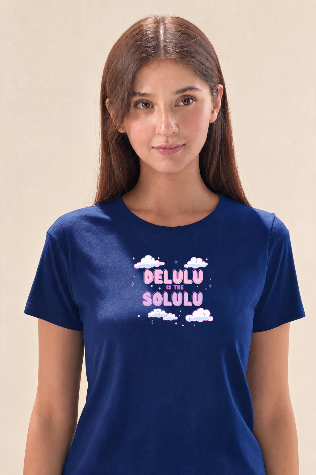Y2K Premium Tee — Female Model (Navy Blue)